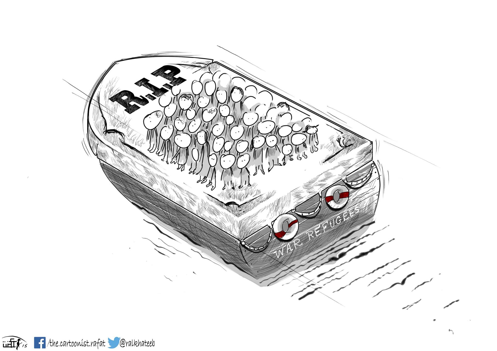 Political cartoon by Rafat Alkhatib, “Refugees in the sea”, 31 August 2015.
