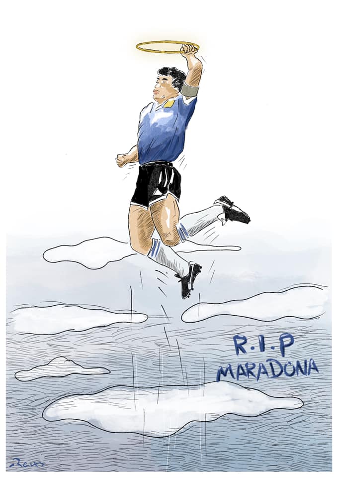 Political cartoon by Rafat Alkhatib, “RIP Maradona”, 25 November 2020.