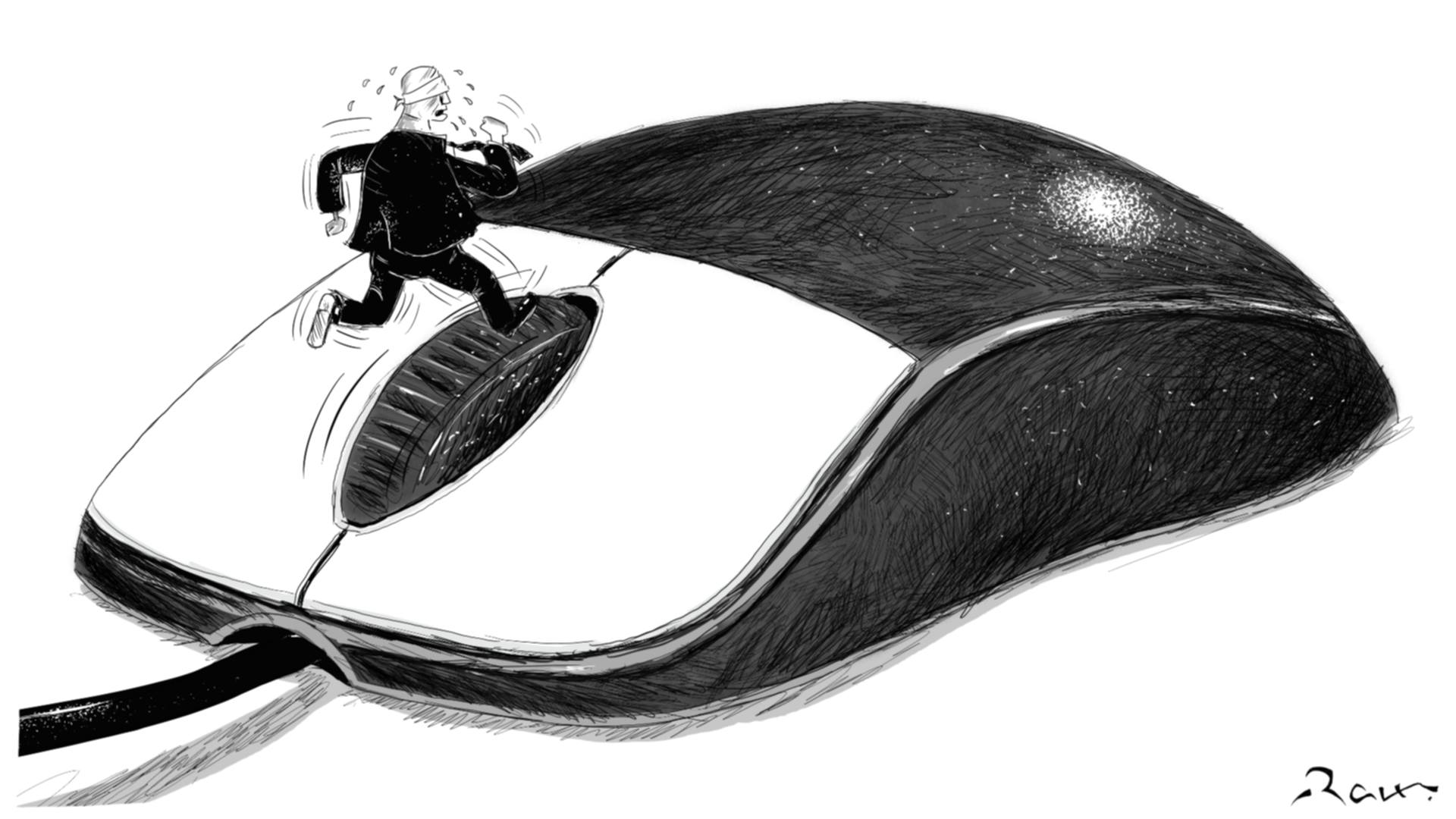 Political cartoon by Rafat Alkhatib, “Run dear mouse”, 1 September 2018.