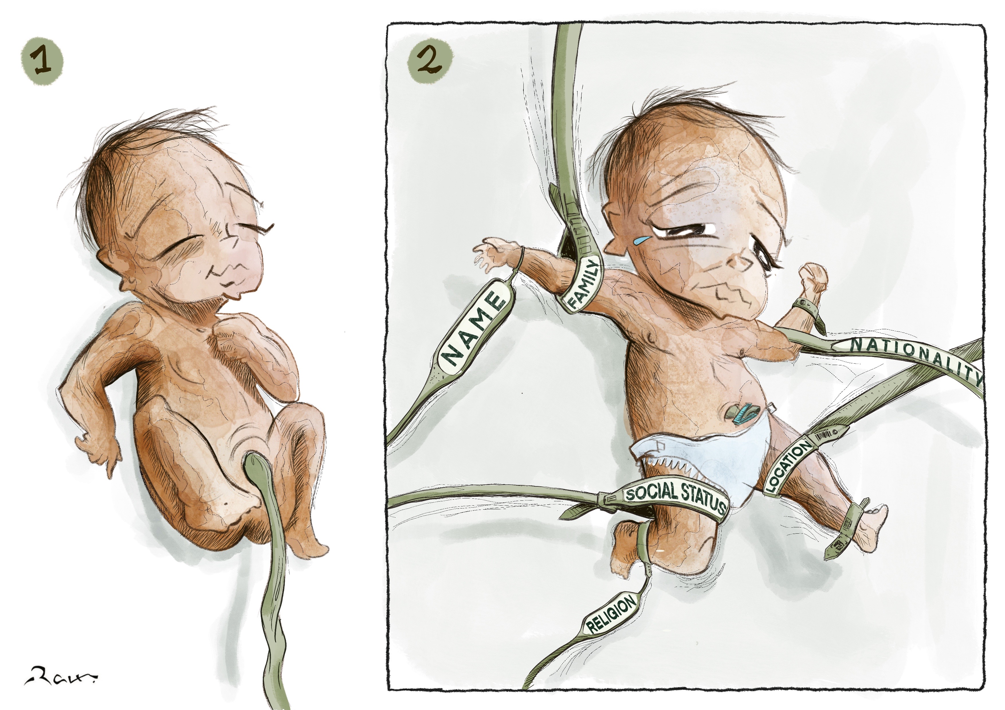 Political cartoon by Rafat Alkhatib, “Secret Cords”, 13 April 2023.
