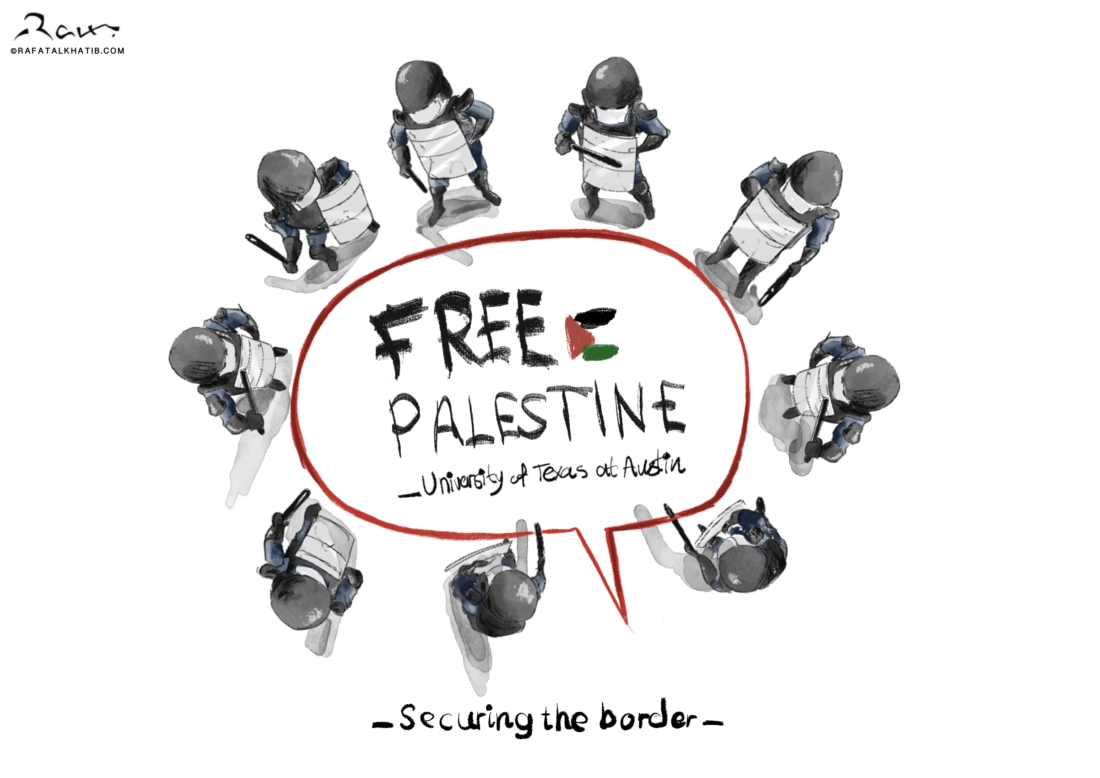 Political cartoon by Rafat Alkhatib, “Securing the border”, 25 April 2024.