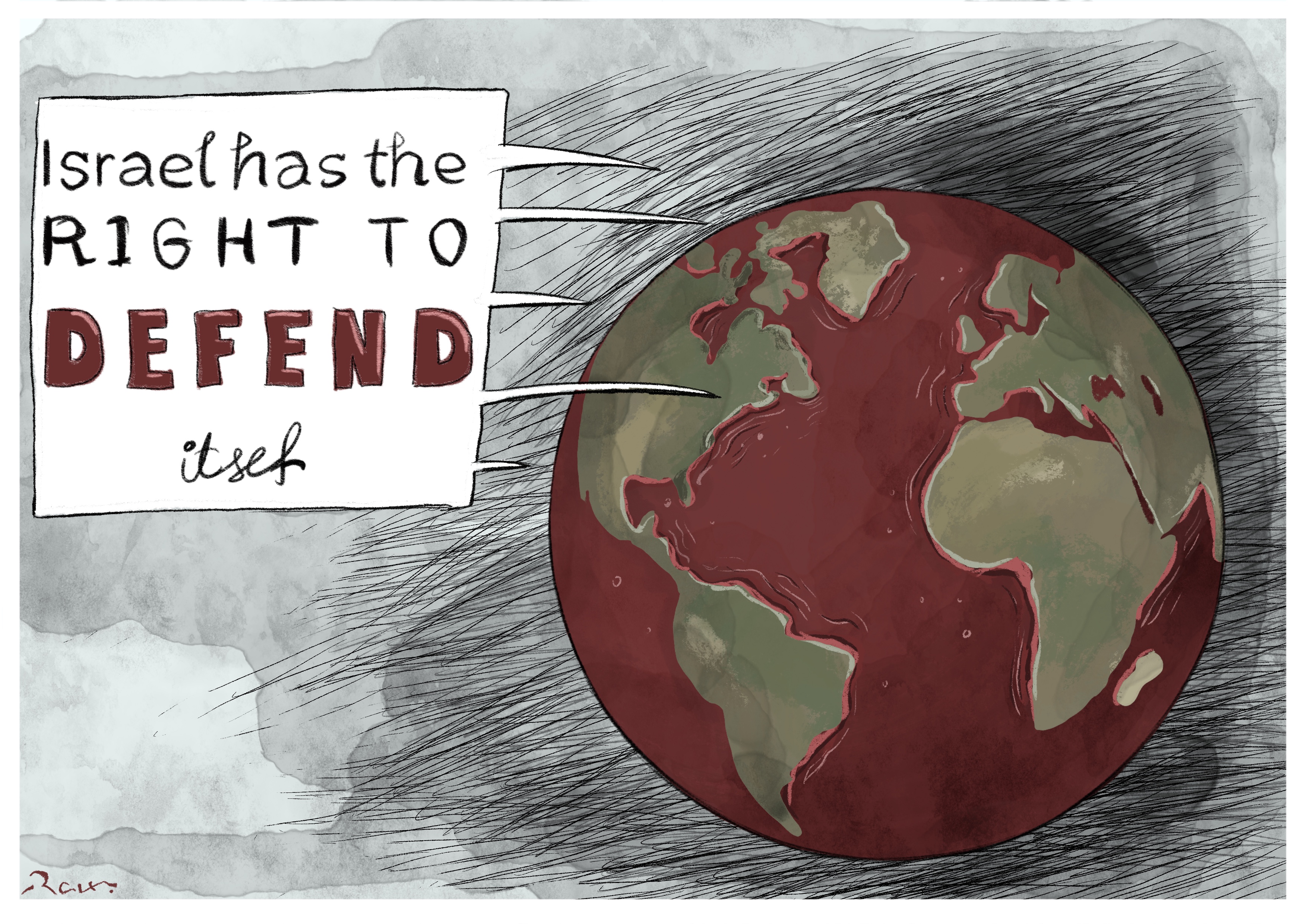 Political cartoon by Rafat Alkhatib, “Self Defense”, 19 October 2023.