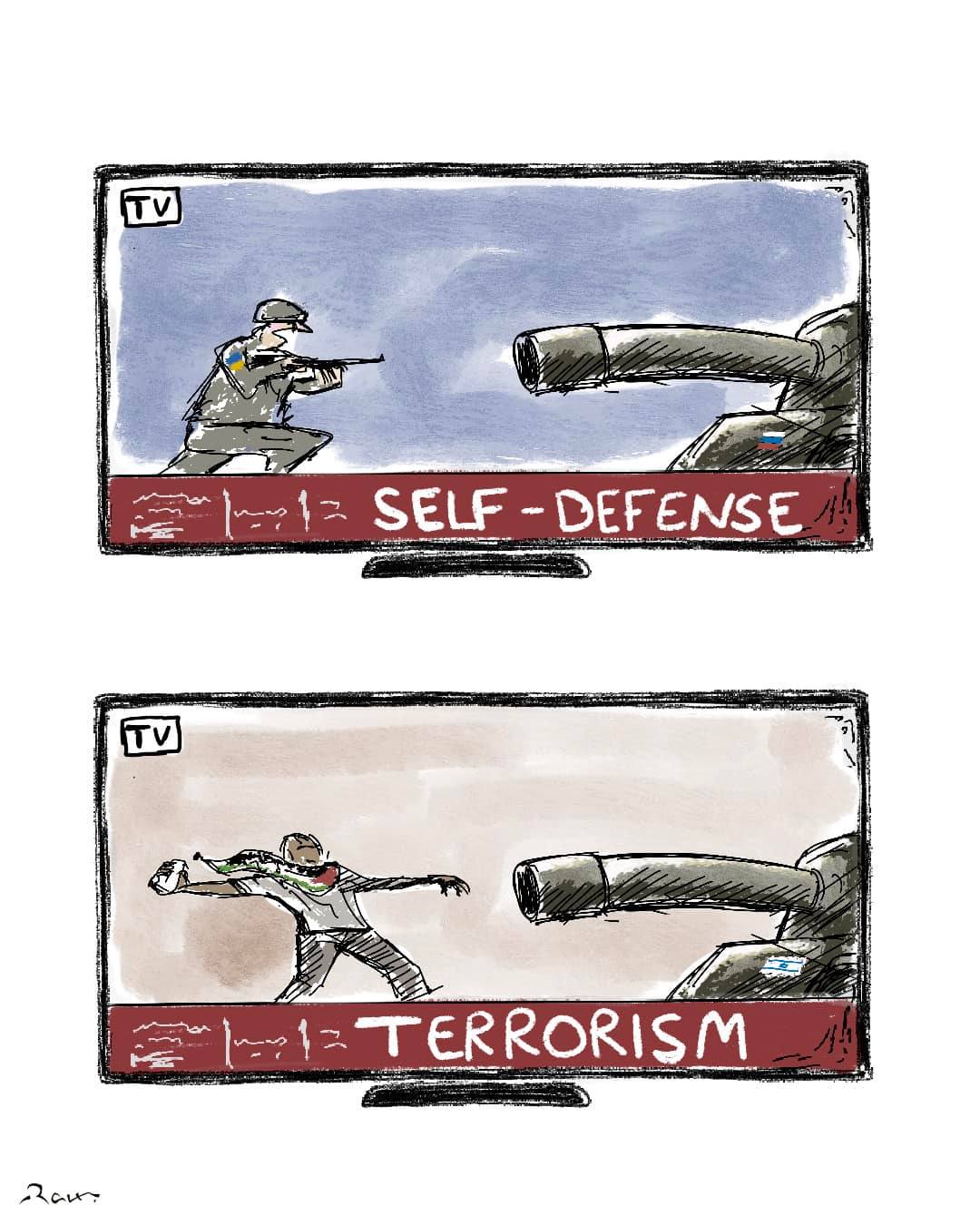 Political cartoon by Rafat Alkhatib, “Self Defense double standards”, 26 February 2022.