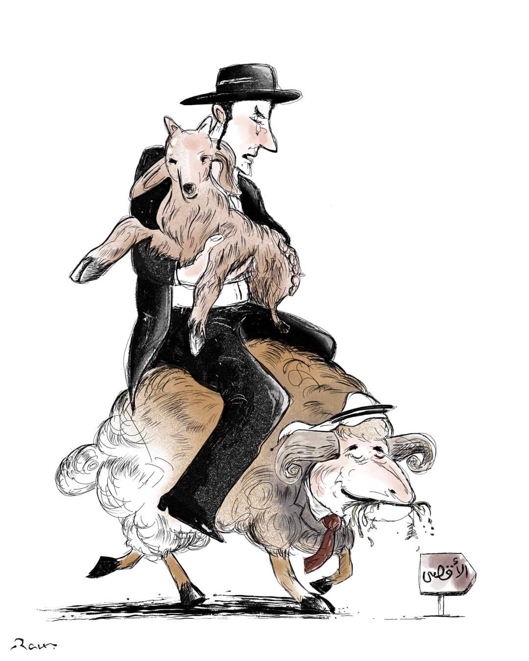 Political cartoon by Rafat Alkhatib, “Settlers invading Al Alqsa”, 17 April 2022.