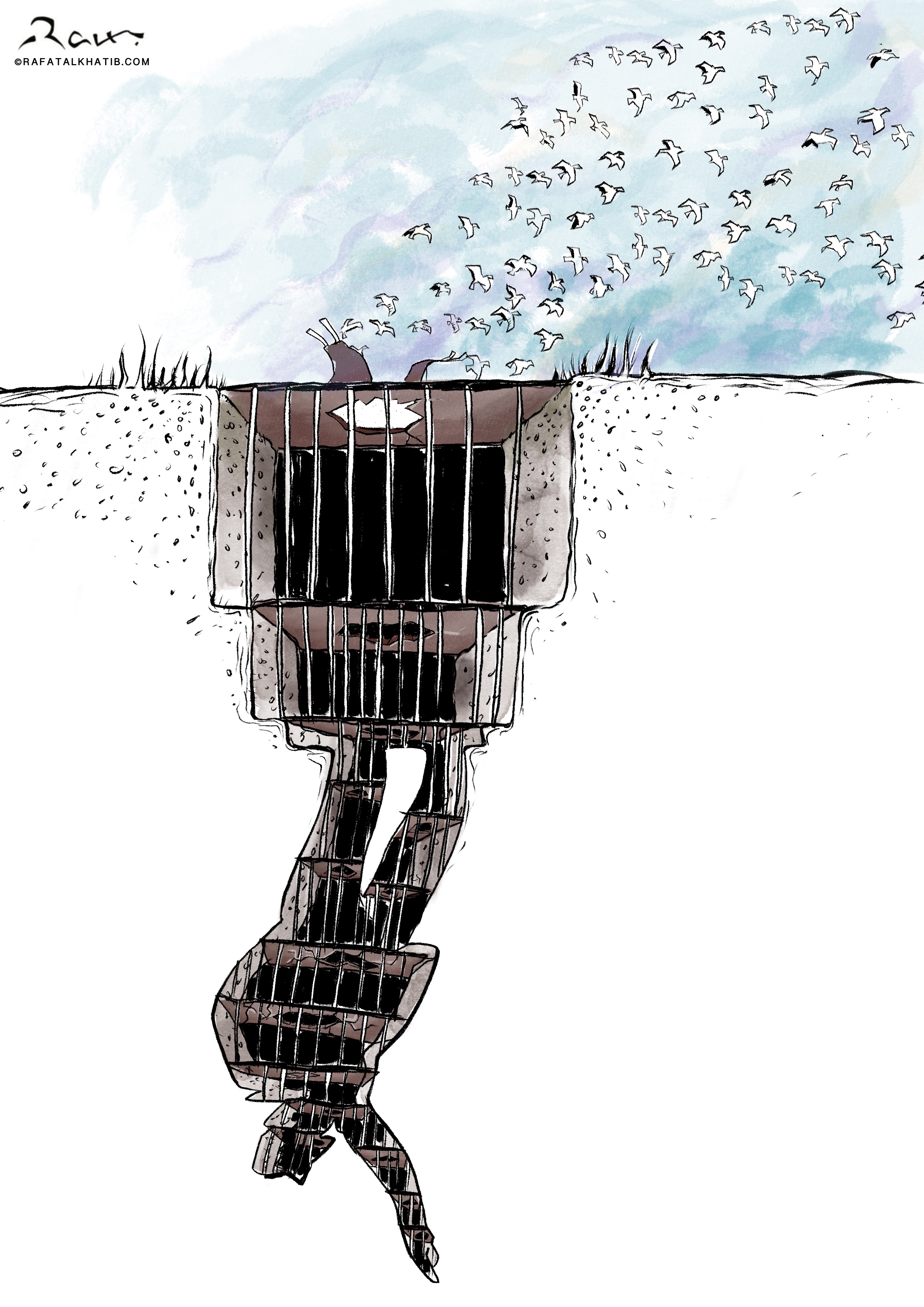 Cartoon illustrating a prisoner escaping from a subterranean prison, with bars forming the figure’s body, while birds fly freely above. The piece symbolizes the act of breaking free from confinement, capturing both physical and mental liberation.