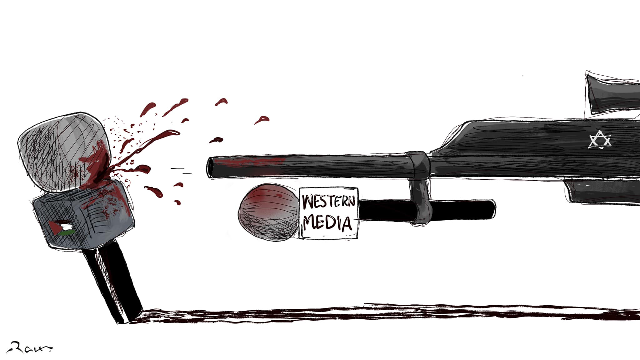 Political cartoon by Rafat Alkhatib, “Shireen Abu Akleh 2”, 11 May 2022.