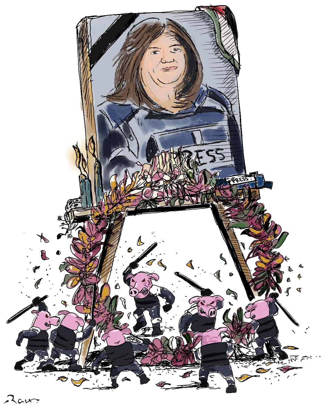 Political cartoon by Rafat Alkhatib, “Shireen Abu Akleh 5”, 14 May 2022.