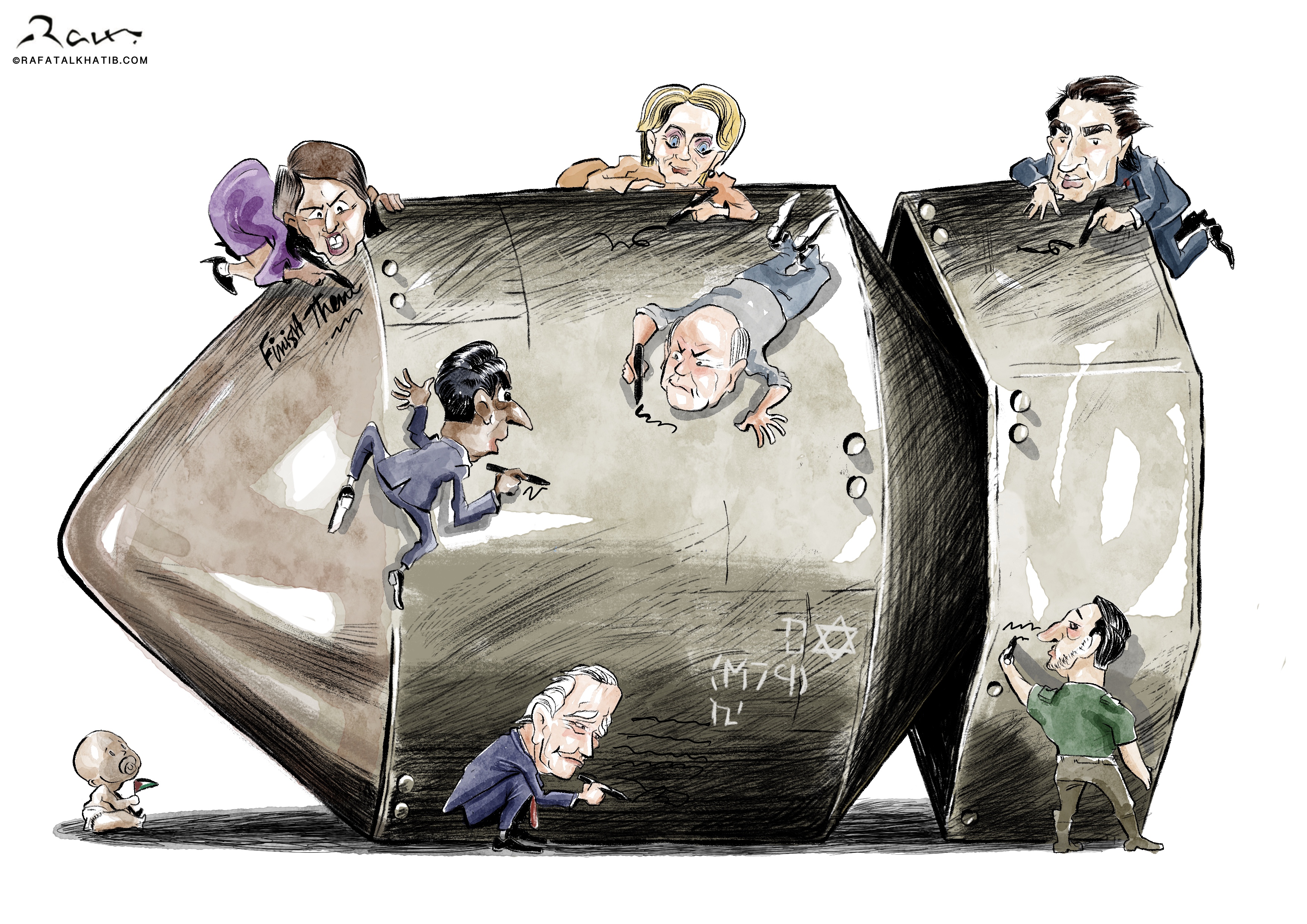 Political cartoon featuring caricatures of Nikki Haley, Joe Biden, Justin Trudeau, Rishi Sunak, Volodymyr Zelenskyy, the German Chancellor, and Ursula von der Leyen signing a large bomb. The bomb is labeled with symbols and is being used to bomb Gaza, illustrating the international support for Israel’s military actions.