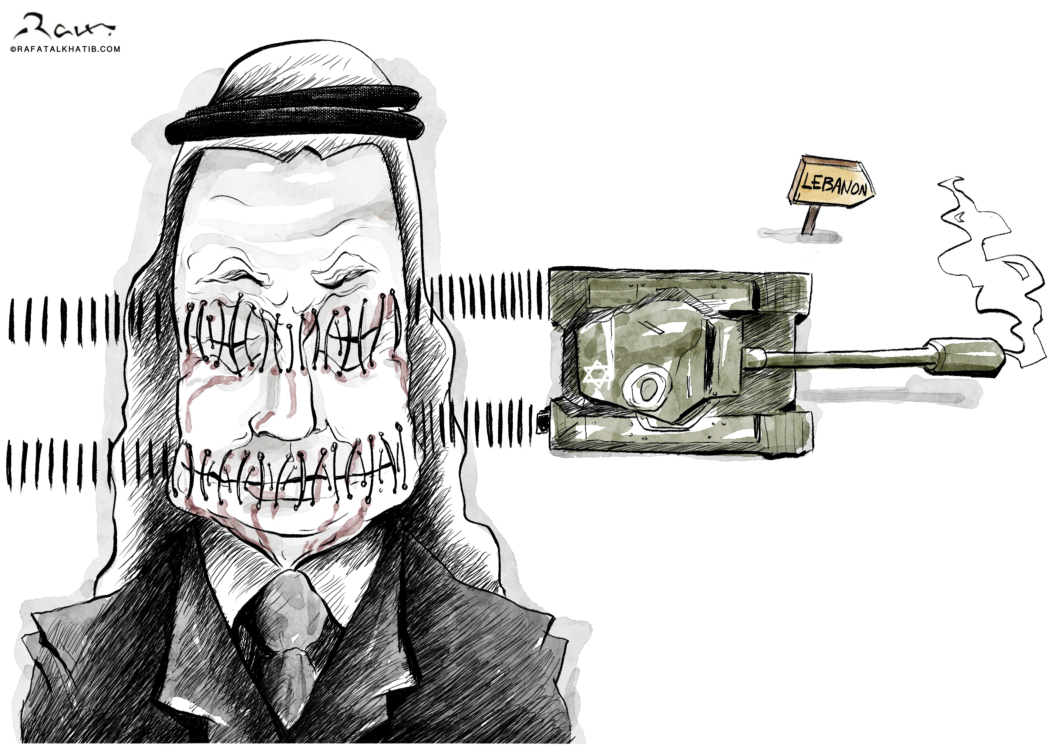 Political cartoon showing an Arab leader with Israeli tank tread marks sewn over his eyes and mouth, symbolizing silenced leadership. The image critiques the muted response of Arab leaders in the face of Israeli military actions, particularly in the context of Lebanon.
