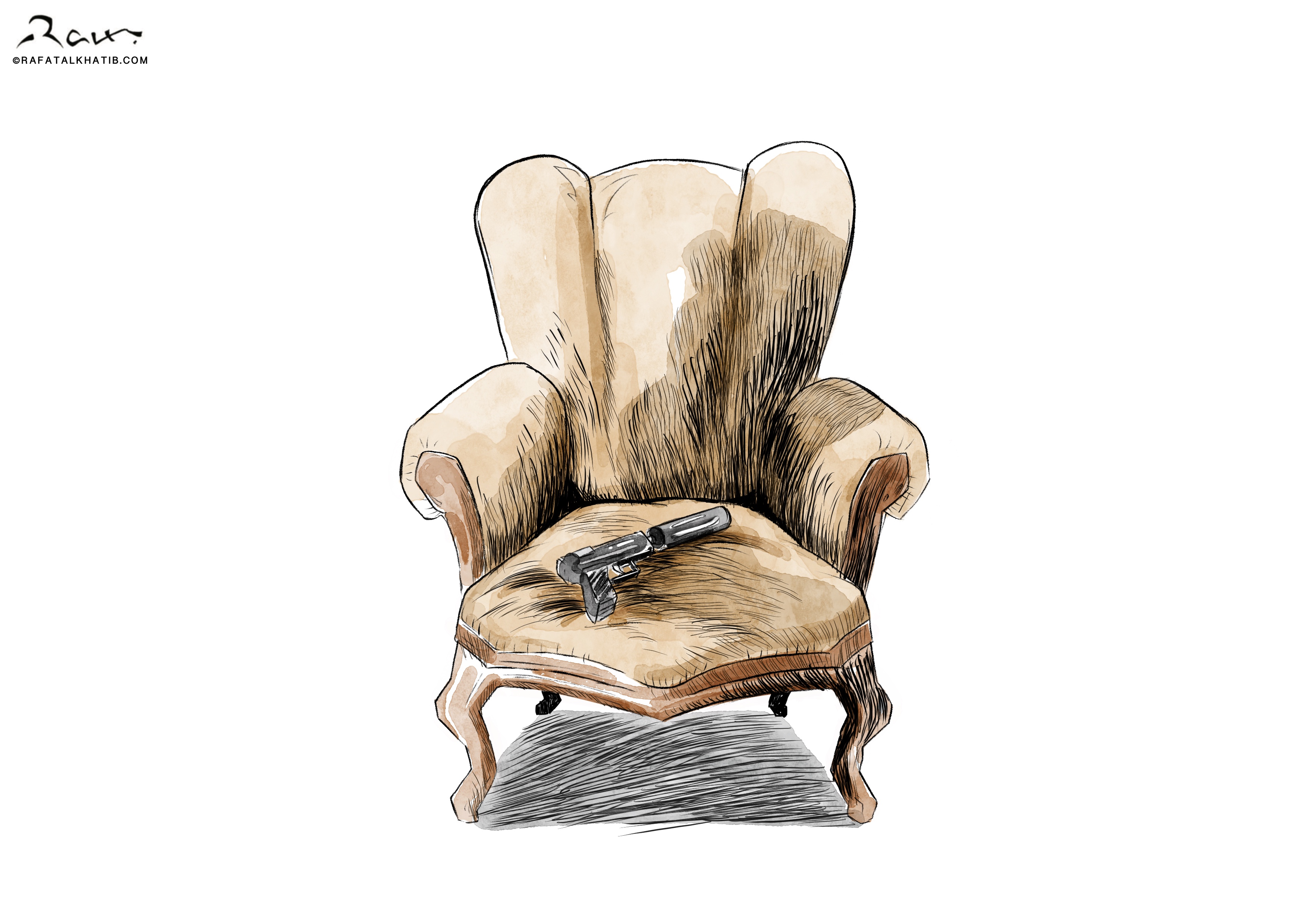 Cartoon showing the empty chair of Sinwar, a Hamas leader, with his gun resting on it, symbolizing the continued resistance despite his absence.