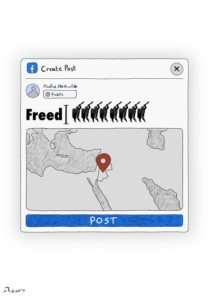 Political cartoon by Rafat Alkhatib, “Social Media Freedom”, 16 March 2021.