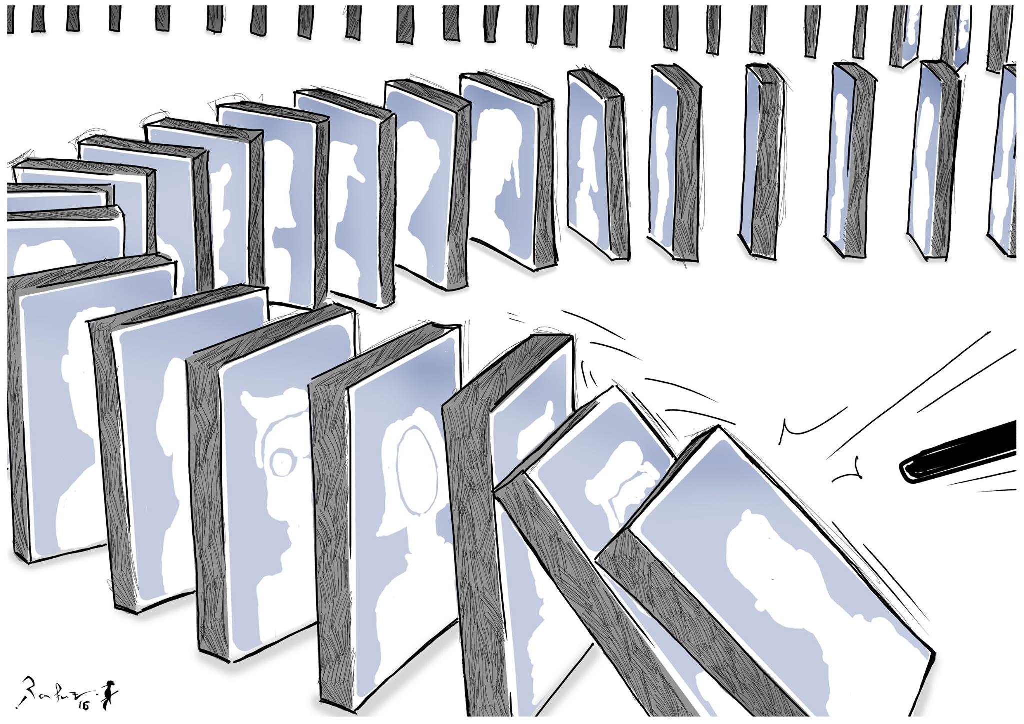 Political cartoon by Rafat Alkhatib, “Social Media Trends”, 8 May 2016.