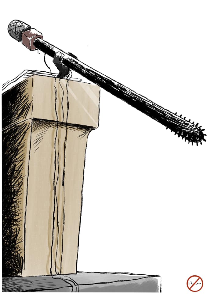 Political cartoon by Rafat Alkhatib, “Soft Speech”, 16 January 2021.