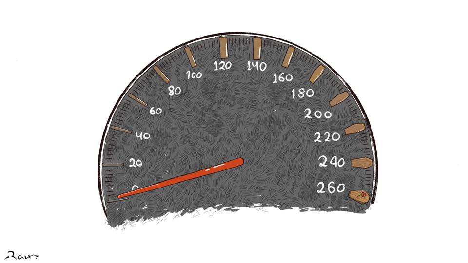 Political cartoon by Rafat Alkhatib, “Speed Kills”, 11 June 2020.
