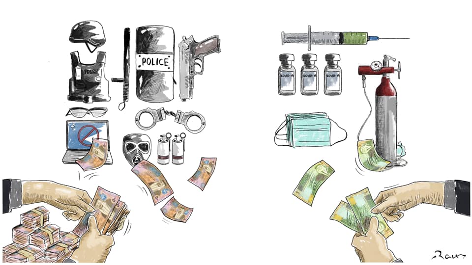 Political cartoon by Rafat Alkhatib, “Spending directions”, 16 March 2021.