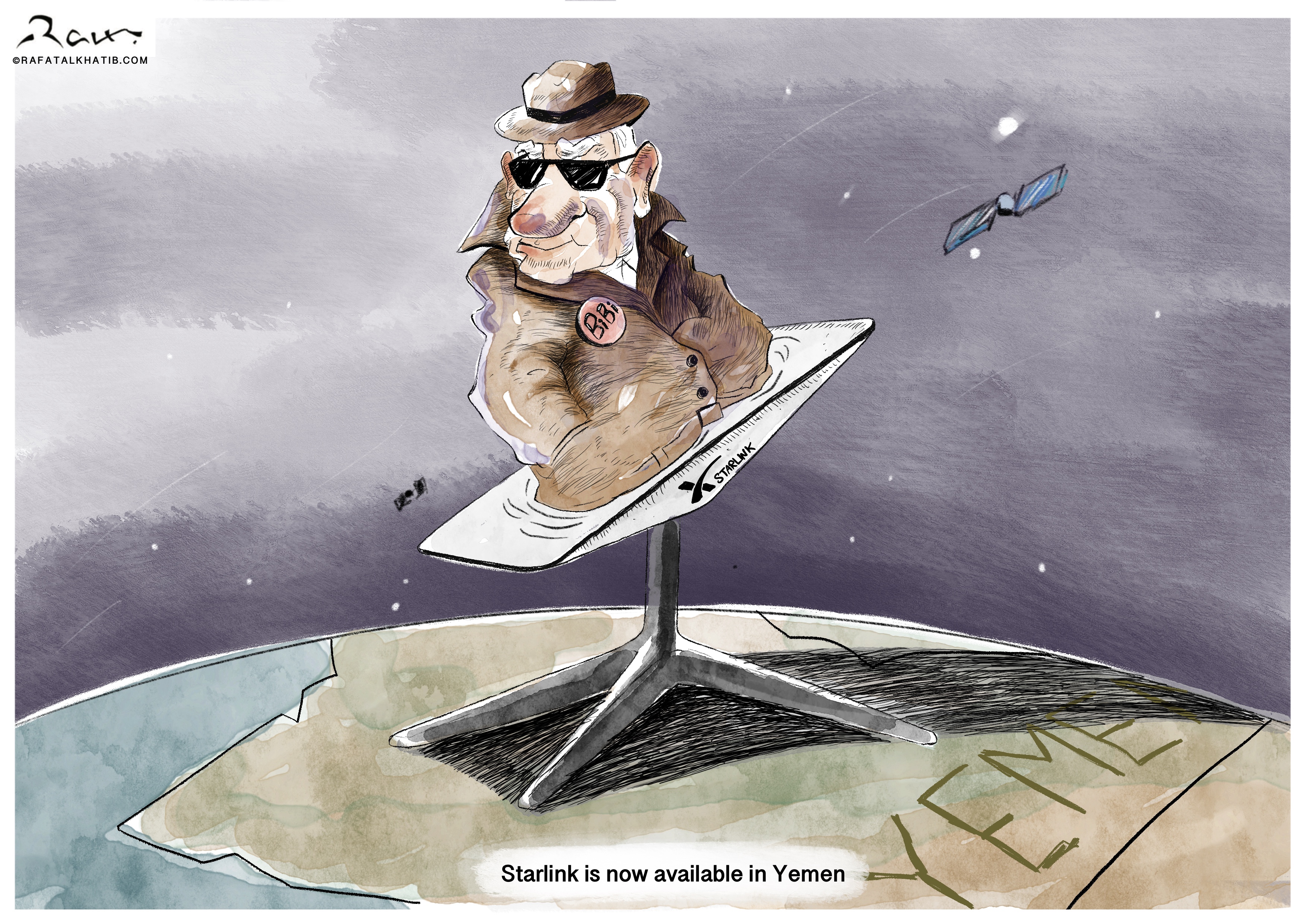 Political cartoon featuring Israeli Prime Minister Benjamin Netanyahu dressed as a spy, positioned on a Starlink dish over Yemen. The cartoon subtly critiques the role of technology in the Yemen-Israel conflict, reflecting on the support provided by figures like Elon Musk and the underlying political intrigue.