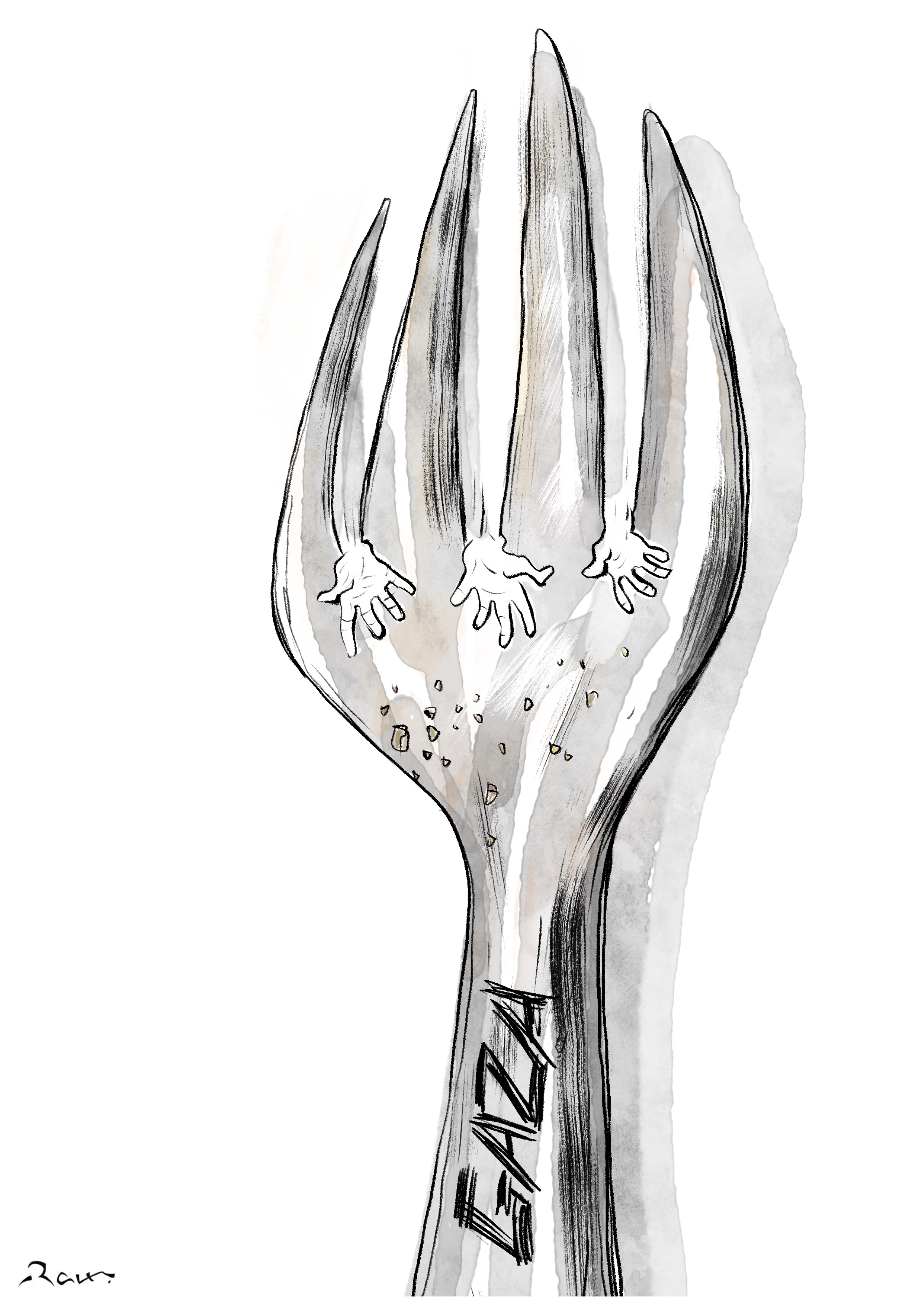 Political cartoon by Rafat Alkhatib, “Starvation in Gaza”, 9 March 2024.