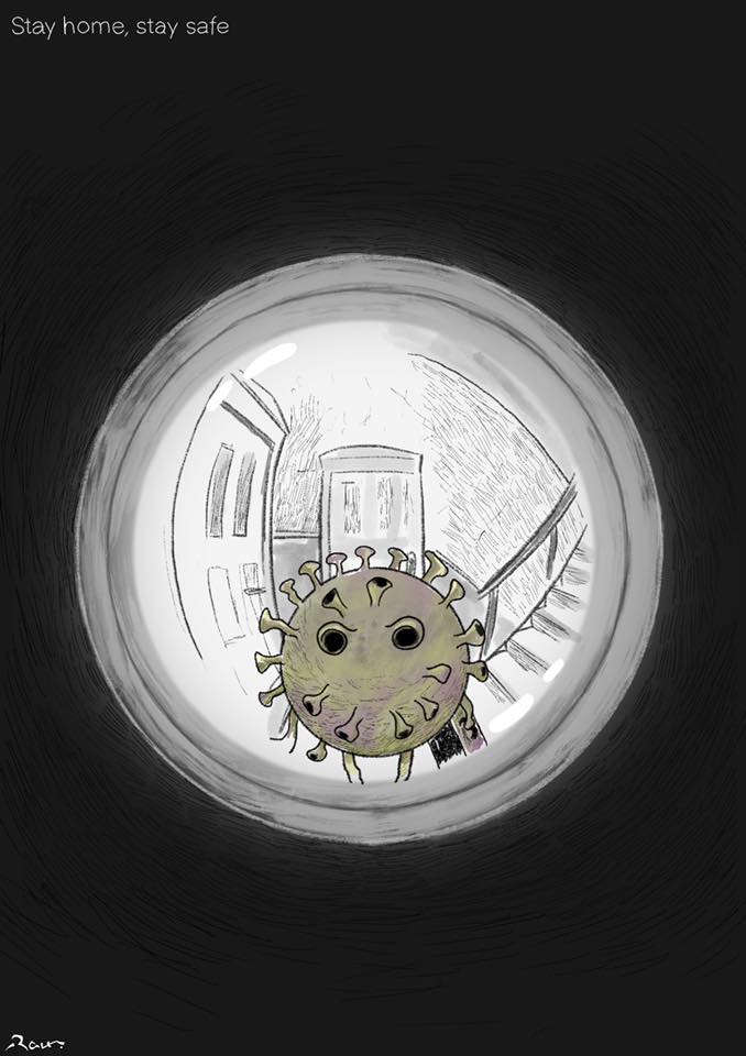 Political cartoon by Rafat Alkhatib, “Stay Home”, 26 March 2020.