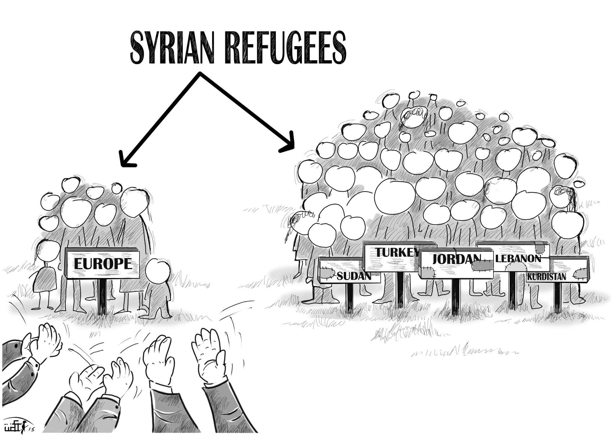 Political cartoon by Rafat Alkhatib, “Syrian refugees”, 6 September 2015.