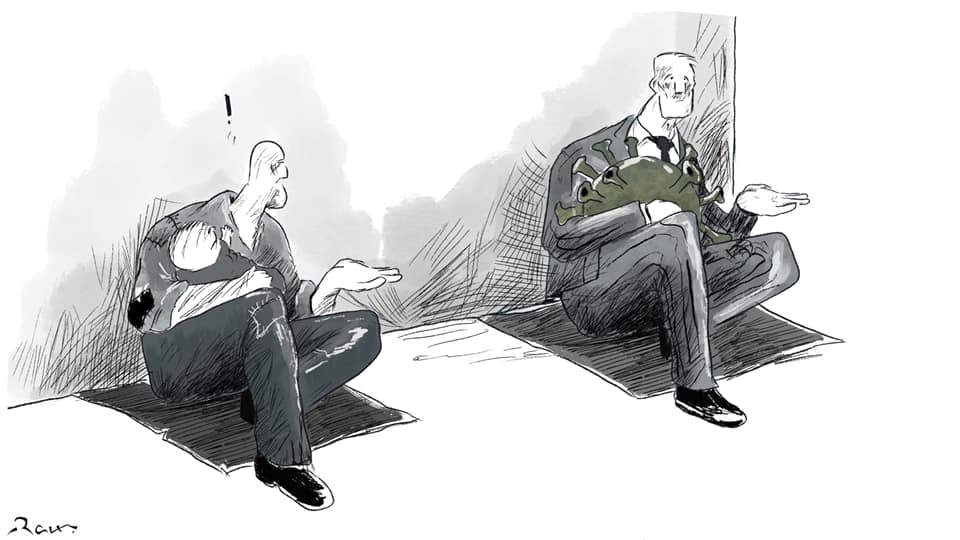 Political cartoon by Rafat Alkhatib, “Taking advantage of Covid”, 4 October 2020.