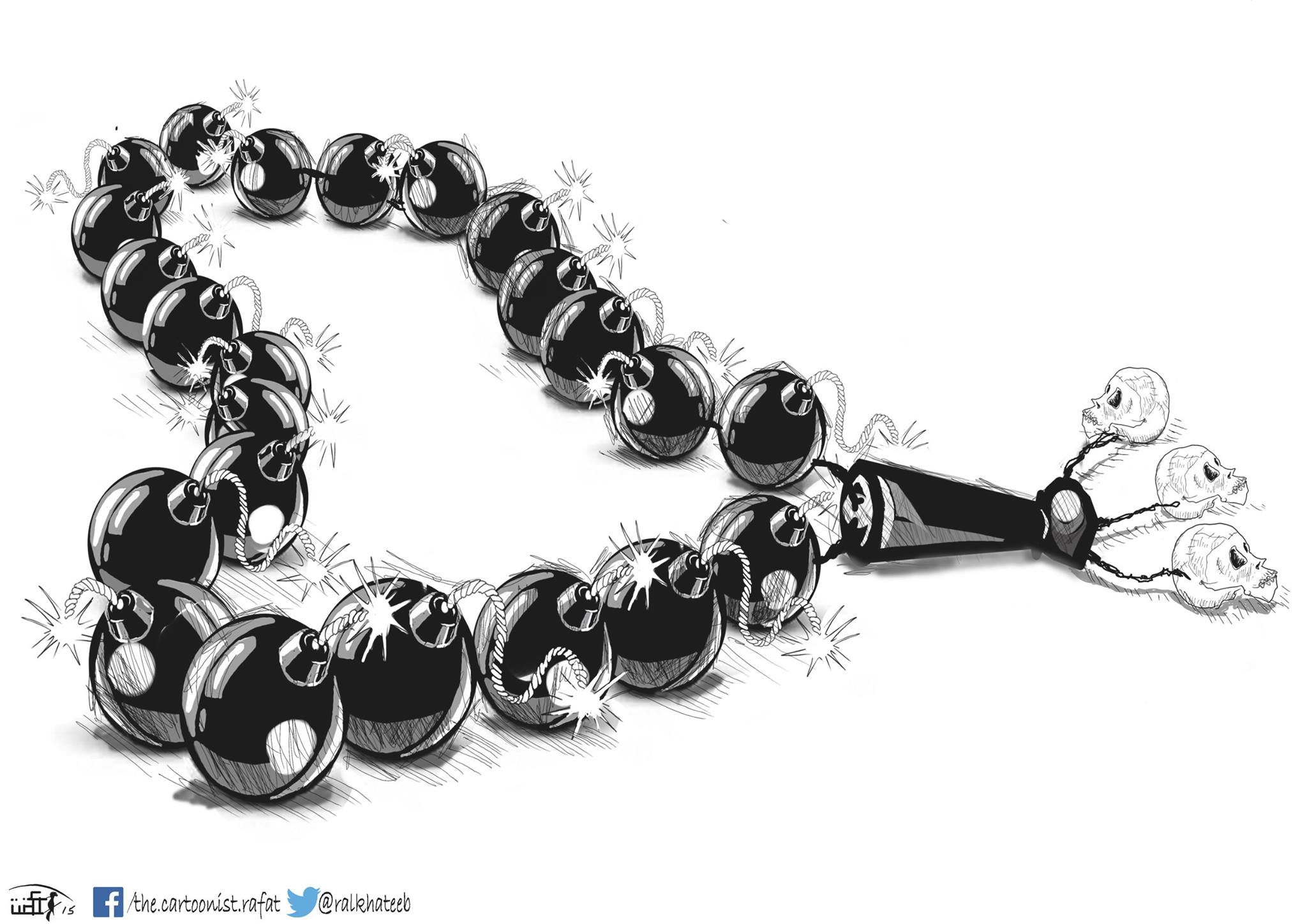 Political cartoon by Rafat Alkhatib, “Terror within extreme Islamist”, 8 February 2015.