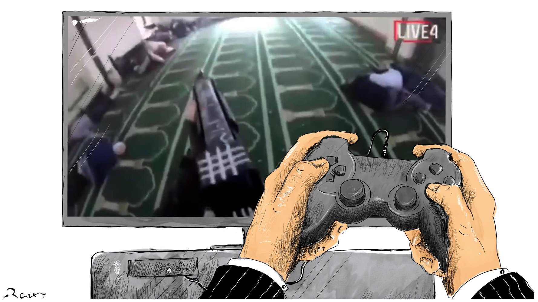 Political cartoon by Rafat Alkhatib, “Terrorism in New Zealand”, 15 March 2019.