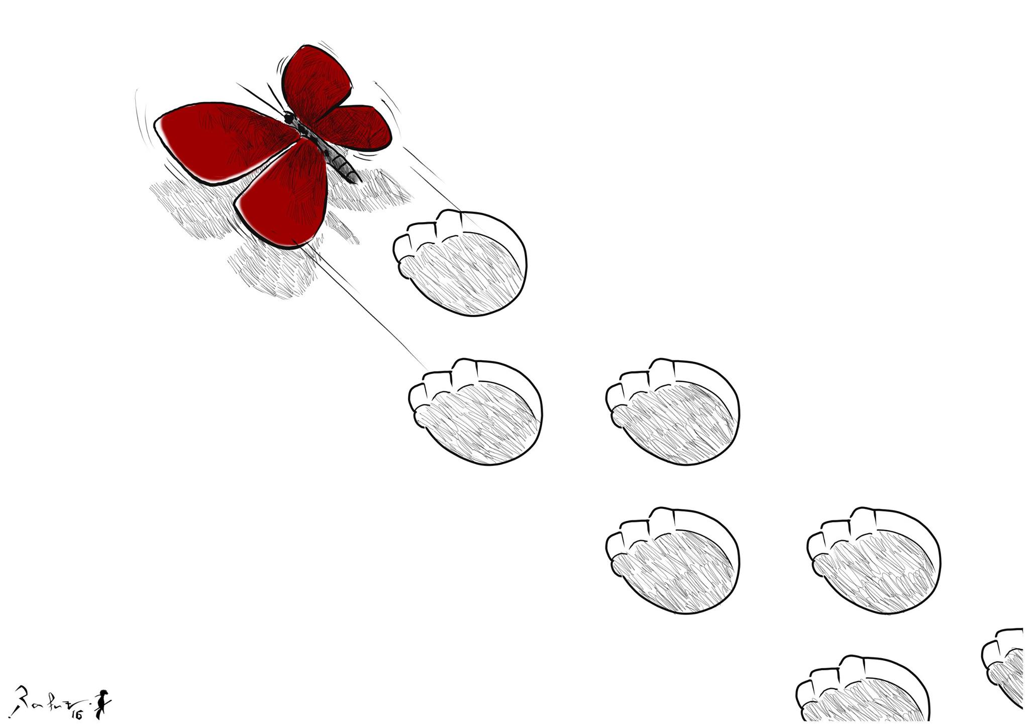 Political cartoon by Rafat Alkhatib, “The Butterfly Effect”, 13 March 2016.