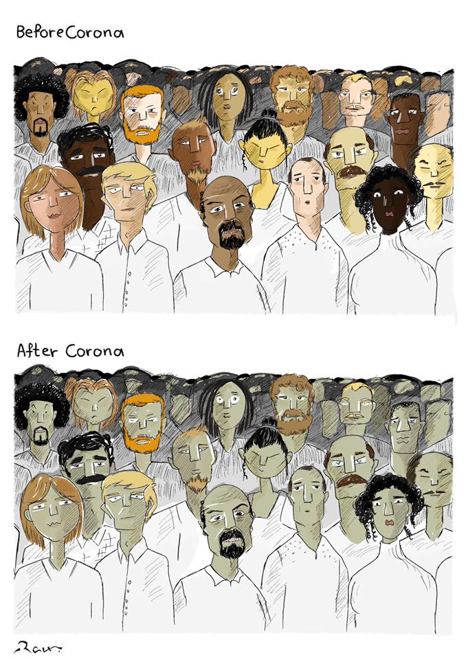 Political cartoon by Rafat Alkhatib, “The Covid Race”, 2 April 2020.