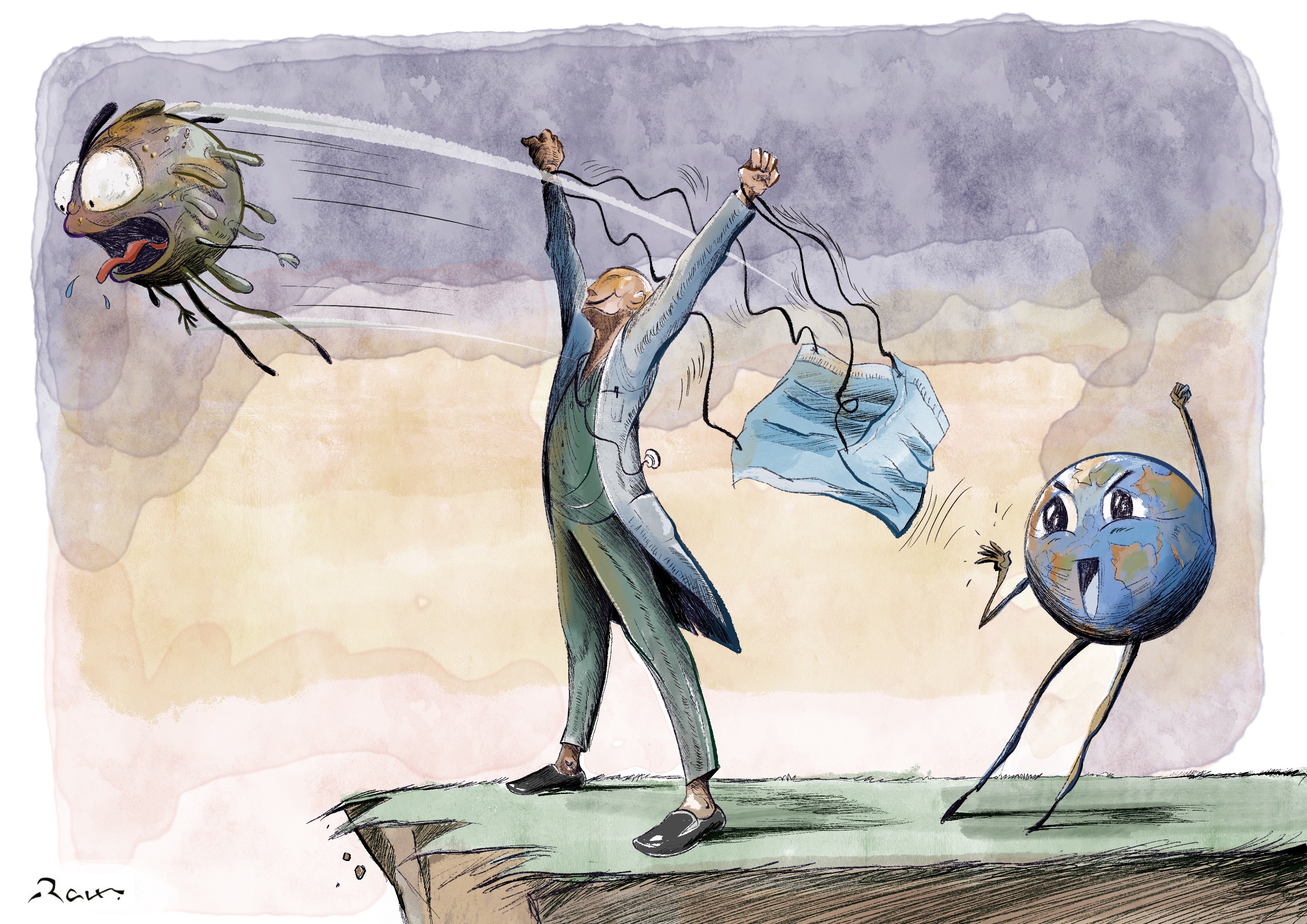 Political cartoon by Rafat Alkhatib, “The End of Covid”, 8 May 2023.