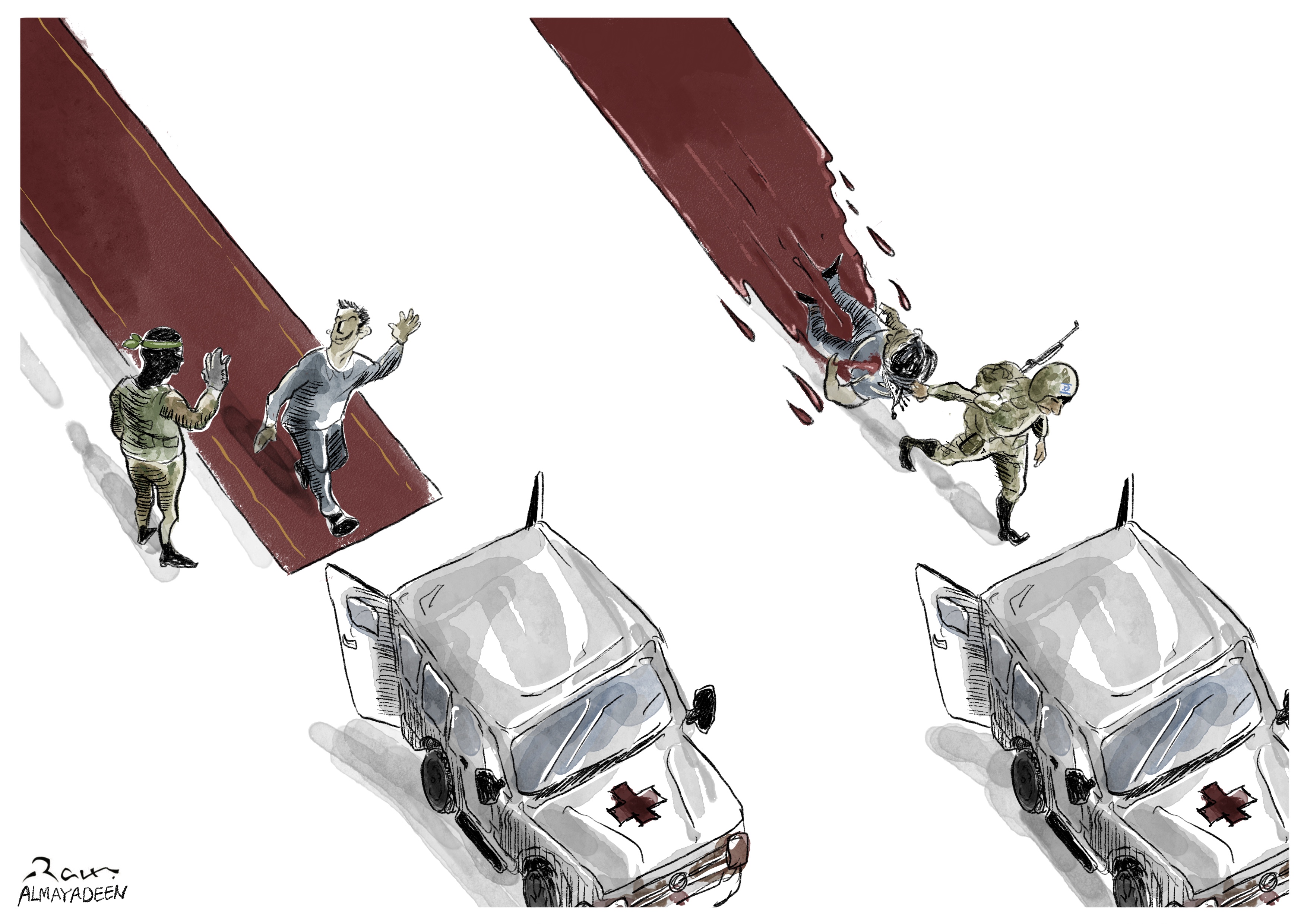 Political cartoon by Rafat Alkhatib, “The hostages deal”, 2 December 2023.