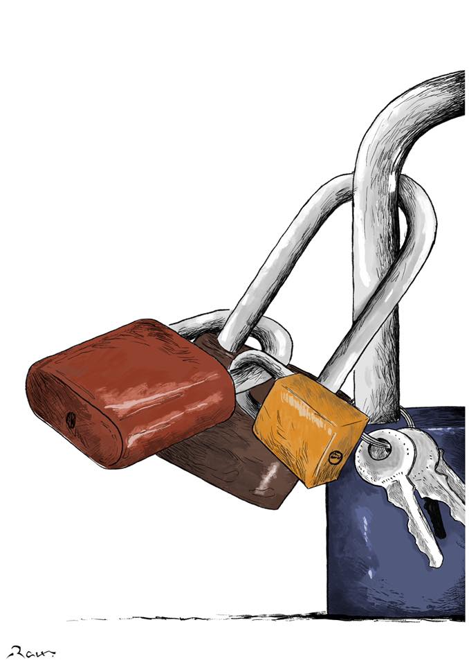 Political cartoon by Rafat Alkhatib, “The key!”, 27 August 2020.