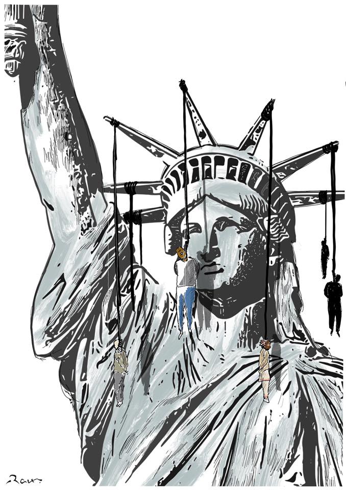 Political cartoon by Rafat Alkhatib, “The land of immigrants”, 28 May 2020.