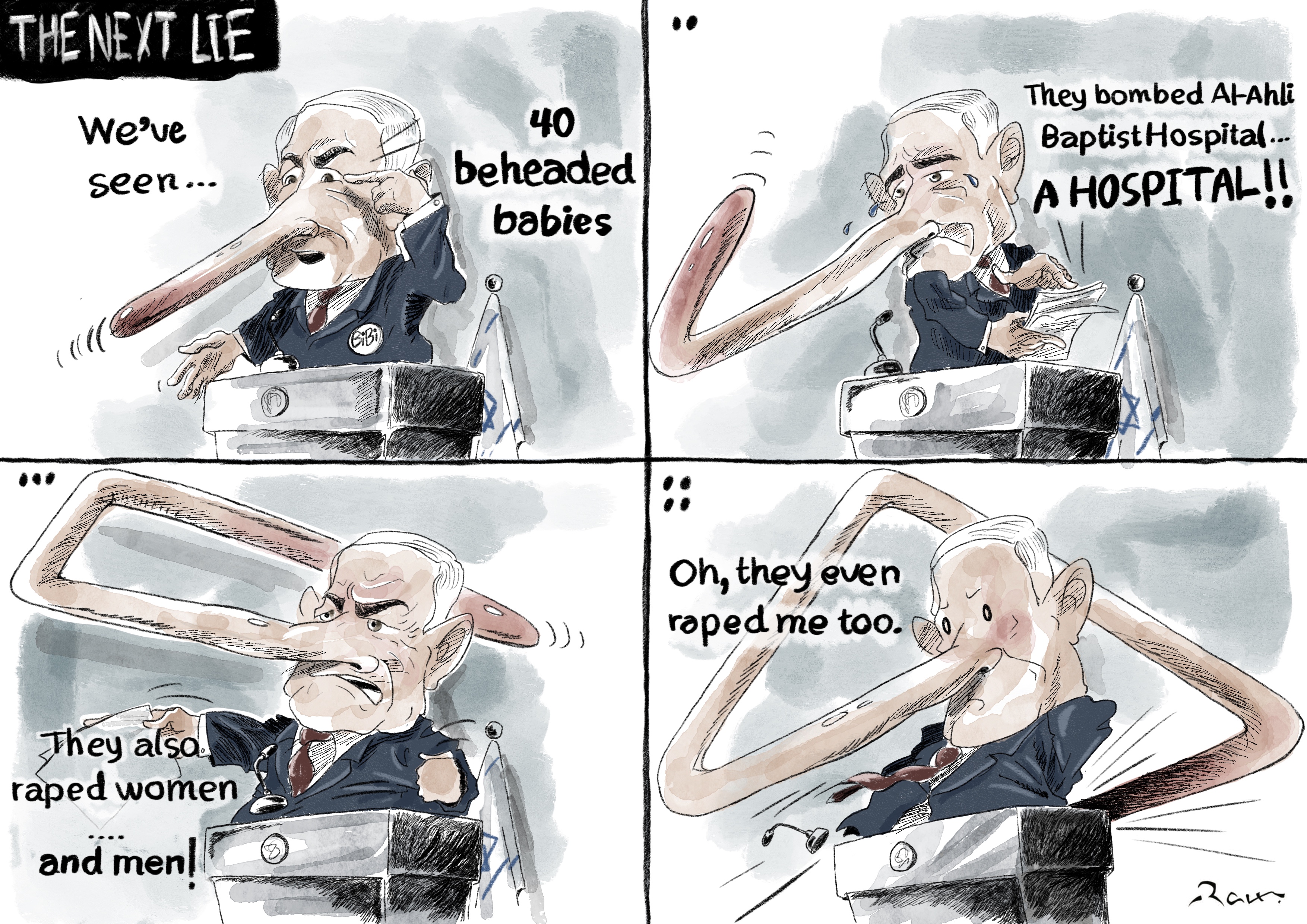 Political cartoon by Rafat Alkhatib, “The Next Lie”, 6 December 2023.