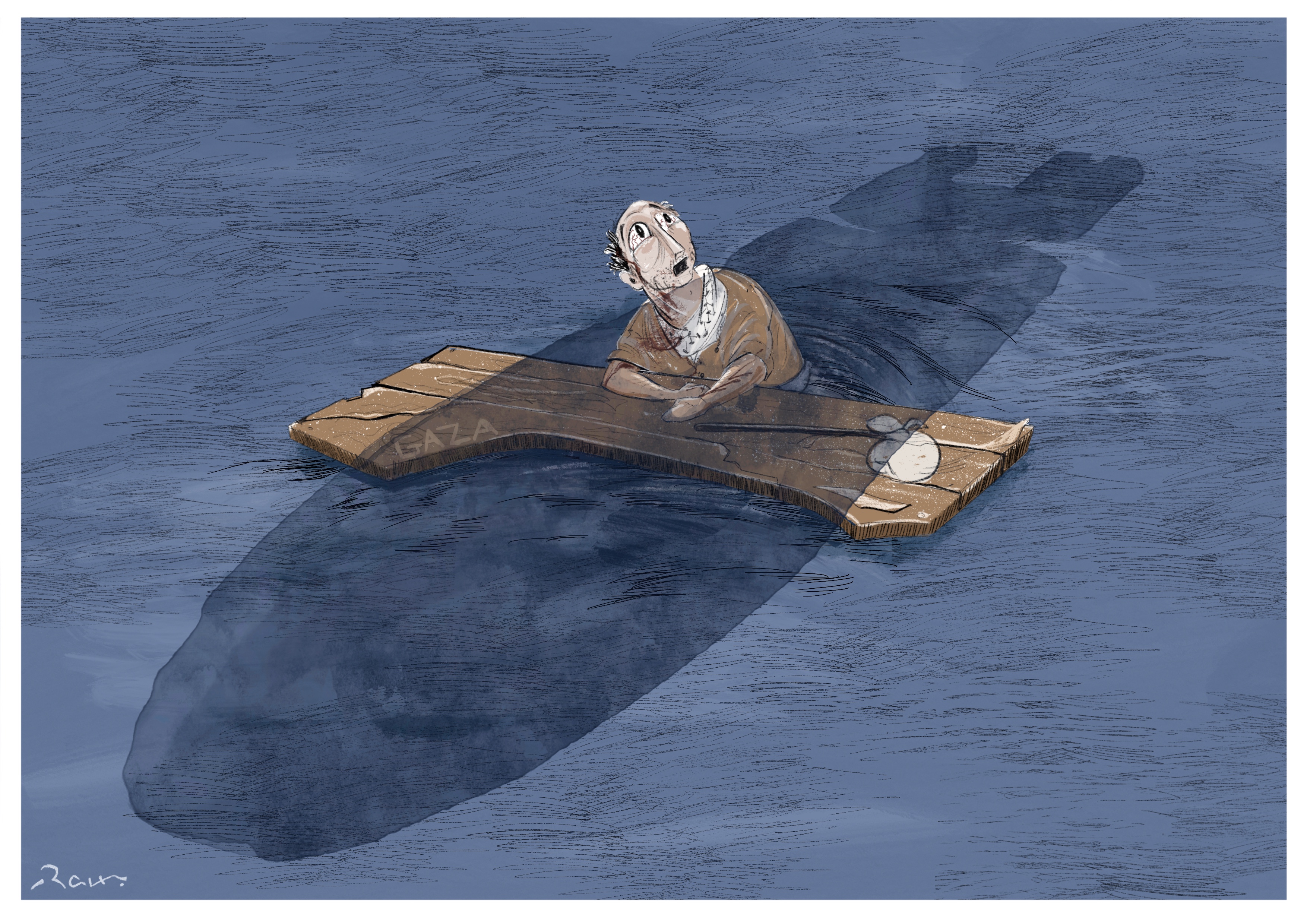 Political cartoon by Rafat Alkhatib, “The Nowhere”, 14 October 2023.
