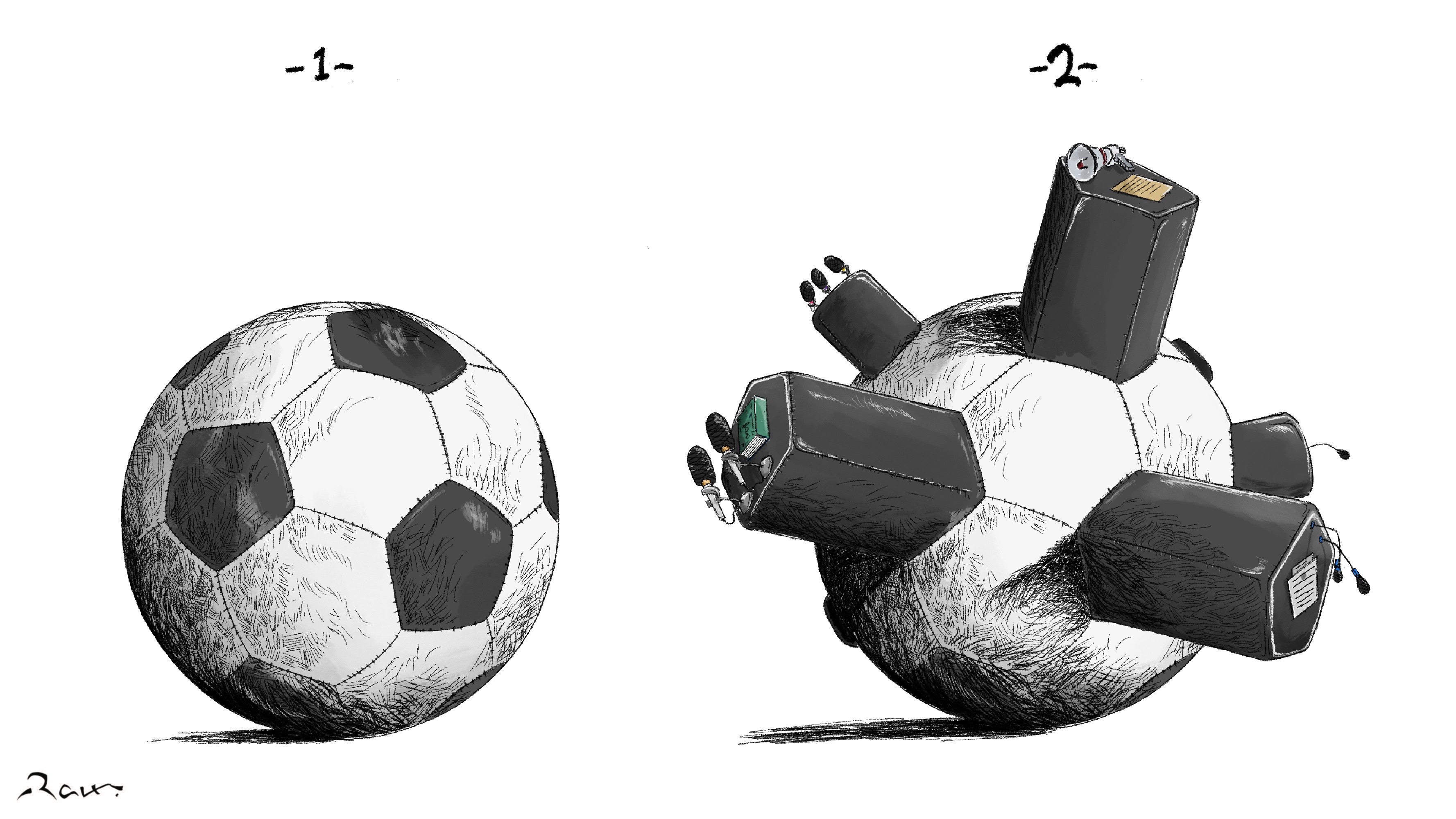 Political cartoon by Rafat Alkhatib, “The Political context of Football”, 25 November 2022.