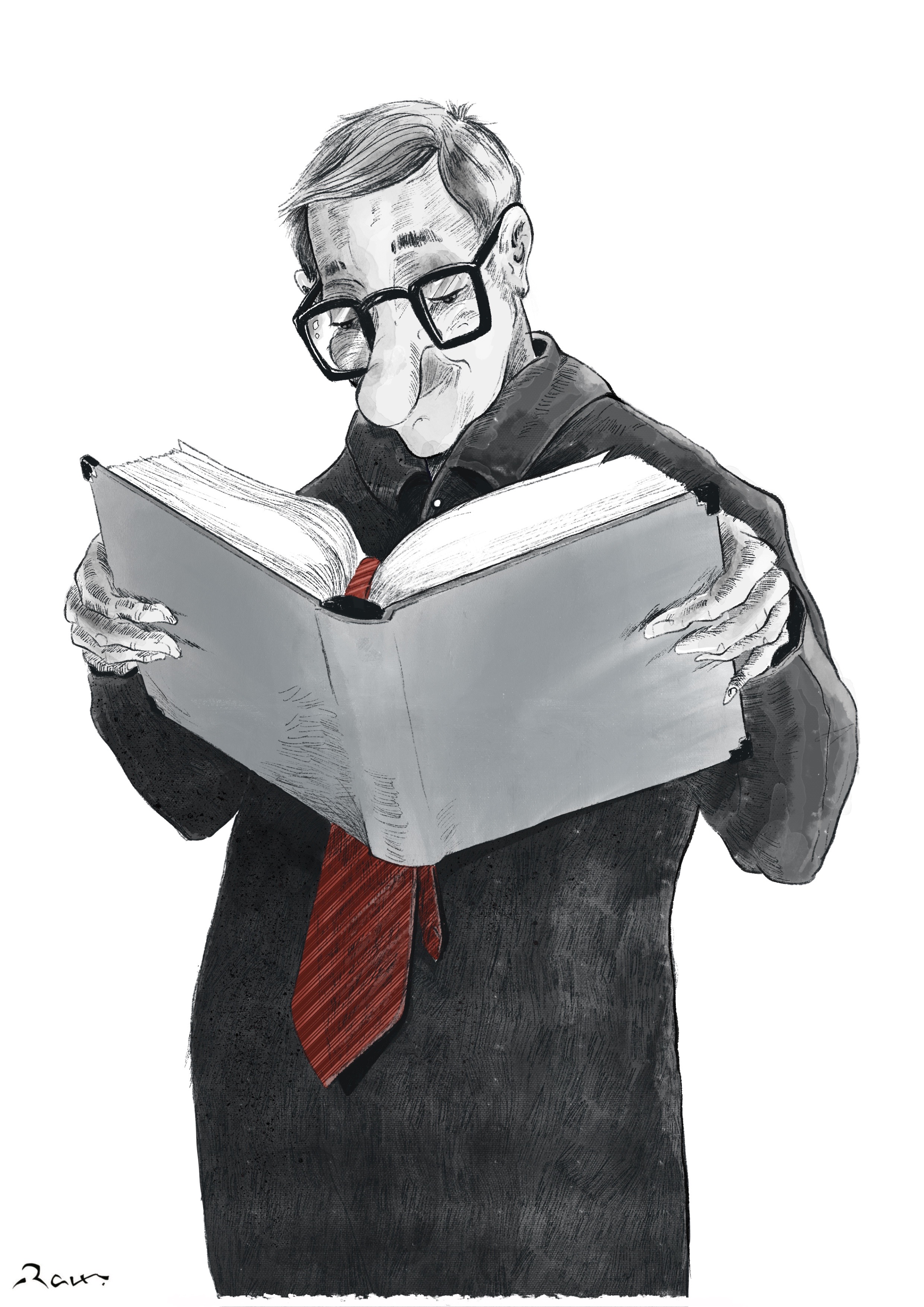 Political cartoon by Rafat Alkhatib, “The Reader”, 5 May 2023.