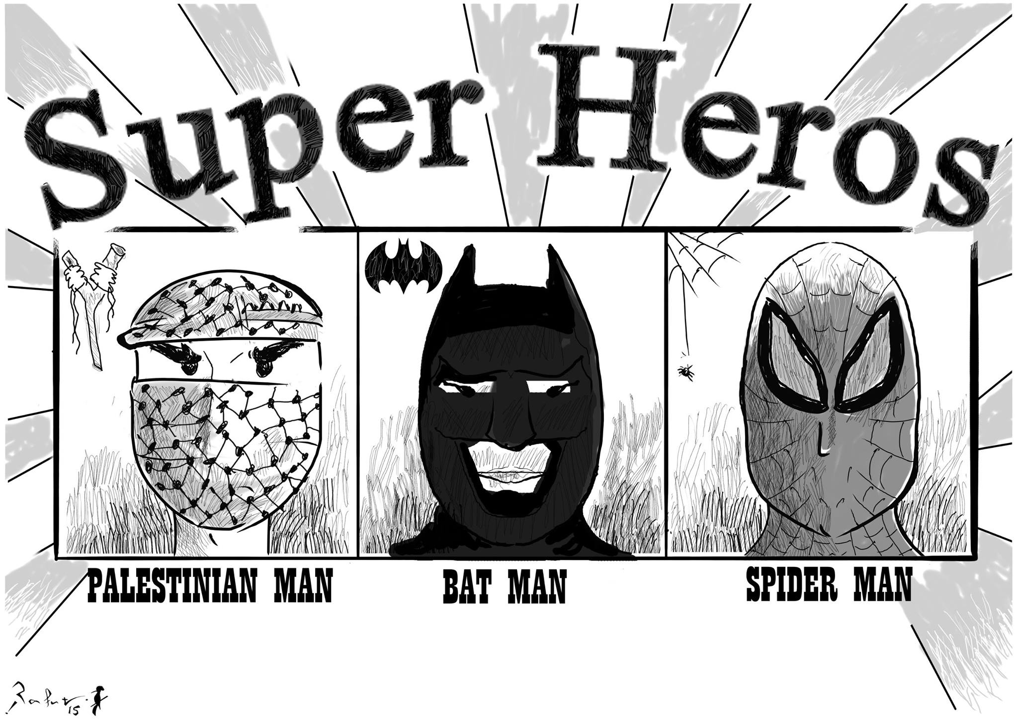 Political cartoon by Rafat Alkhatib, “The real super hero”, 28 October 2015.