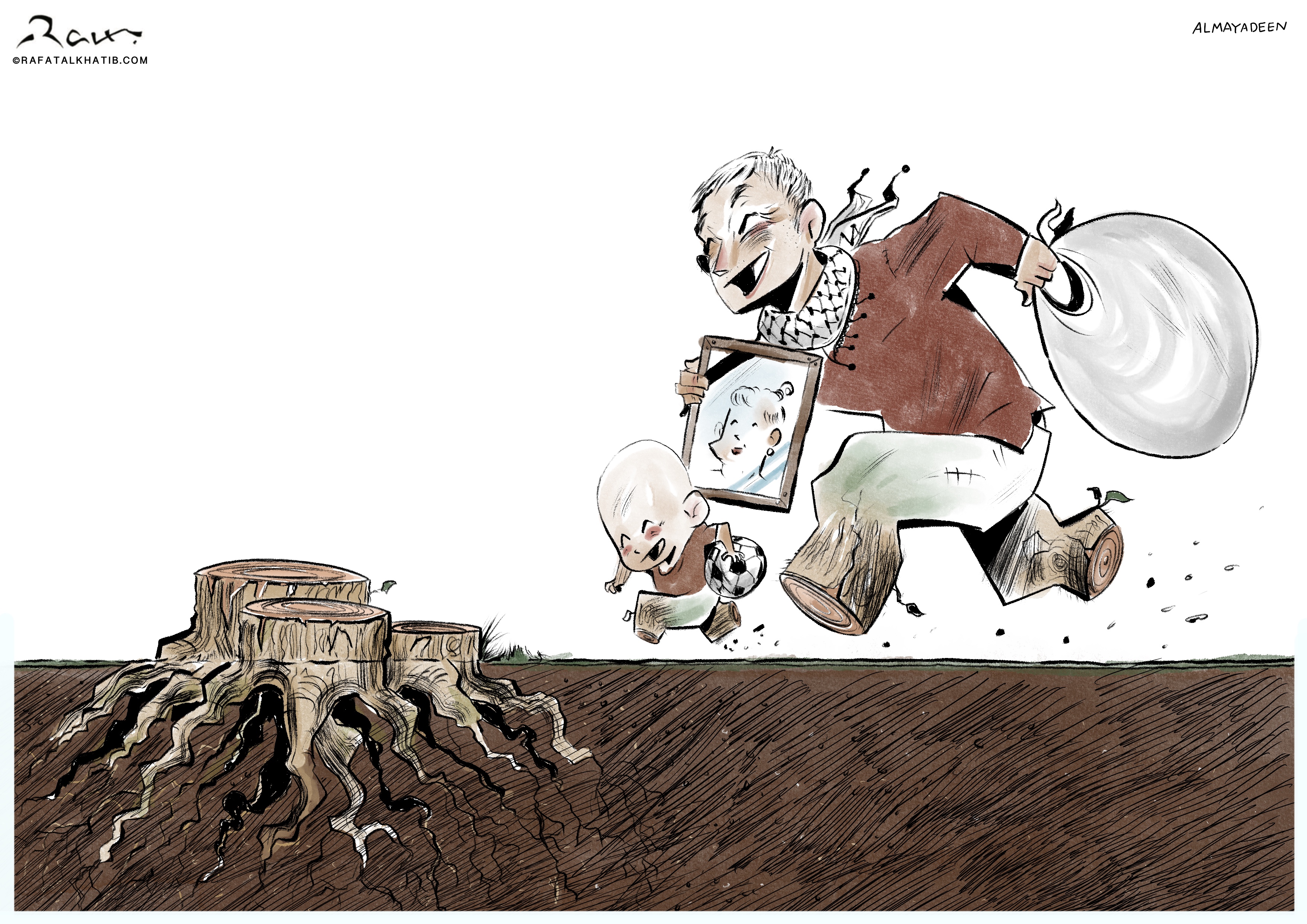 Political cartoon by Rafat Alkhatib, “The Return”, 28 January 2025.