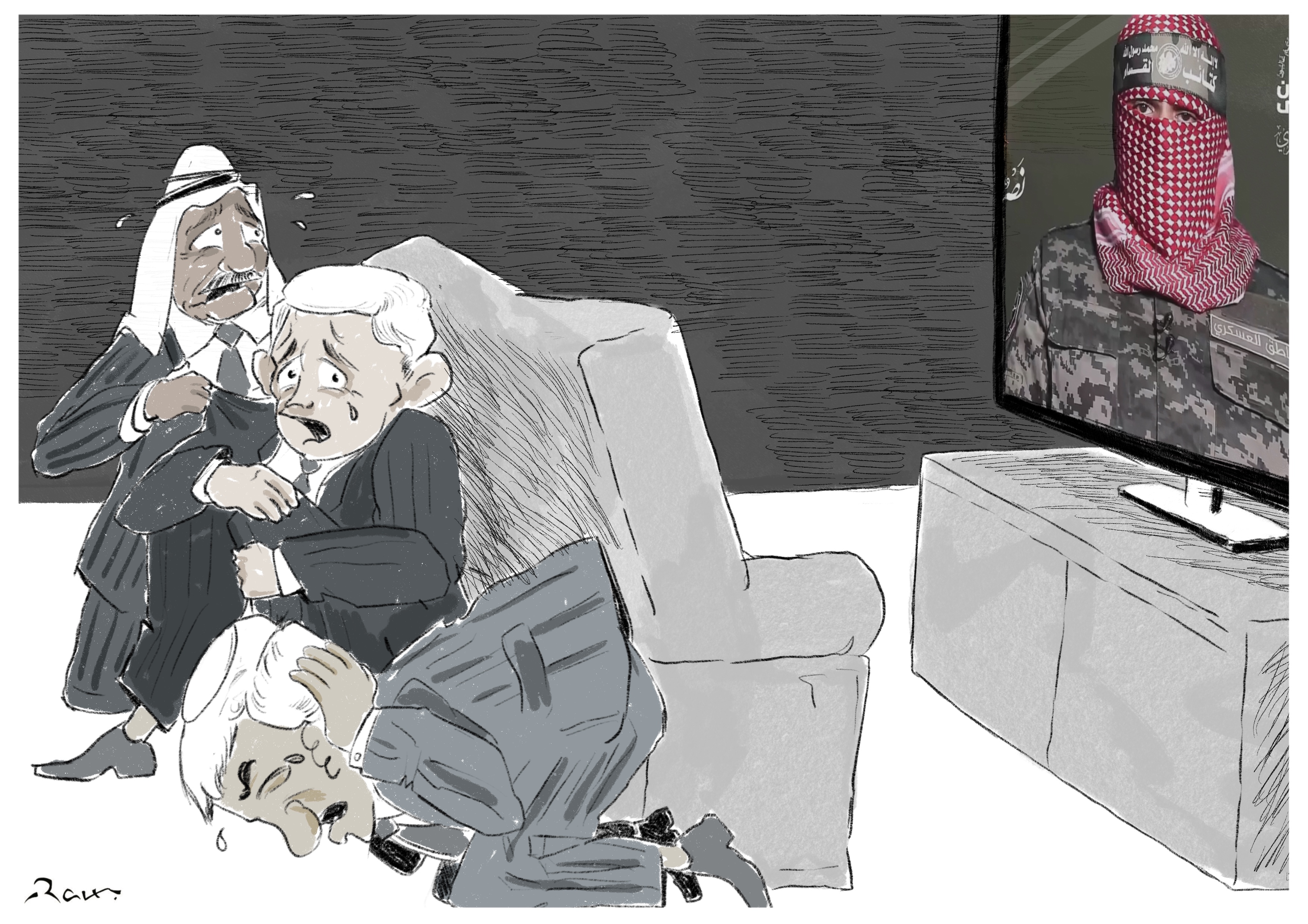 Political cartoon by Rafat Alkhatib, “The Speech”, 29 October 2023.