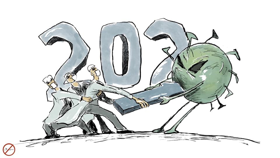 Political cartoon by Rafat Alkhatib, “The vaccine year”, 31 December 2020.