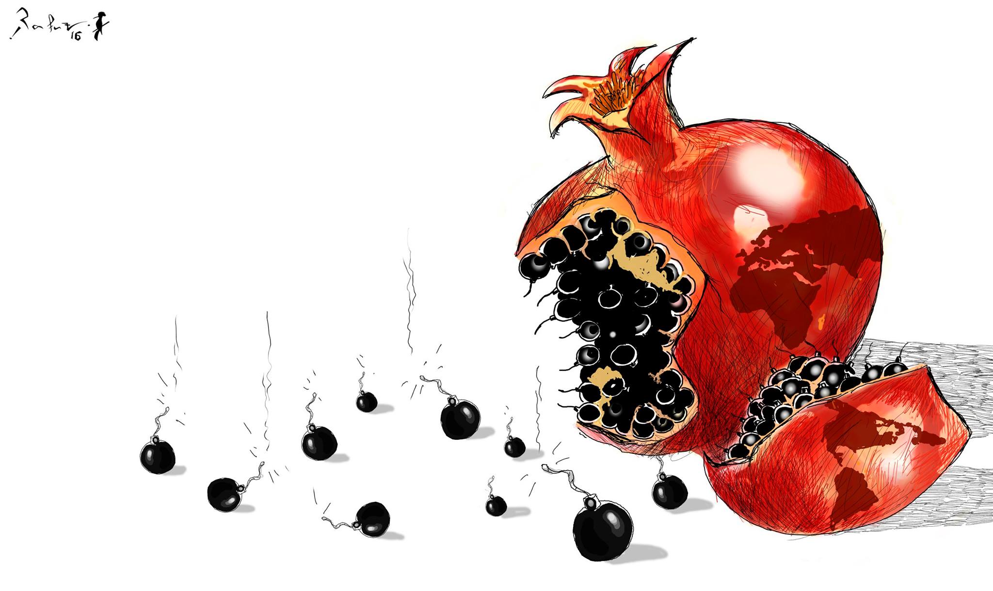Political cartoon by Rafat Alkhatib, “The world is on fire”, 19 December 2016.