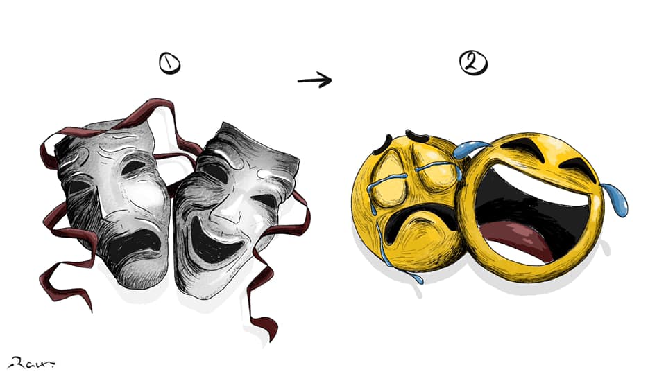 Political cartoon by Rafat Alkhatib, “Theatre declines”, 16 April 2021.
