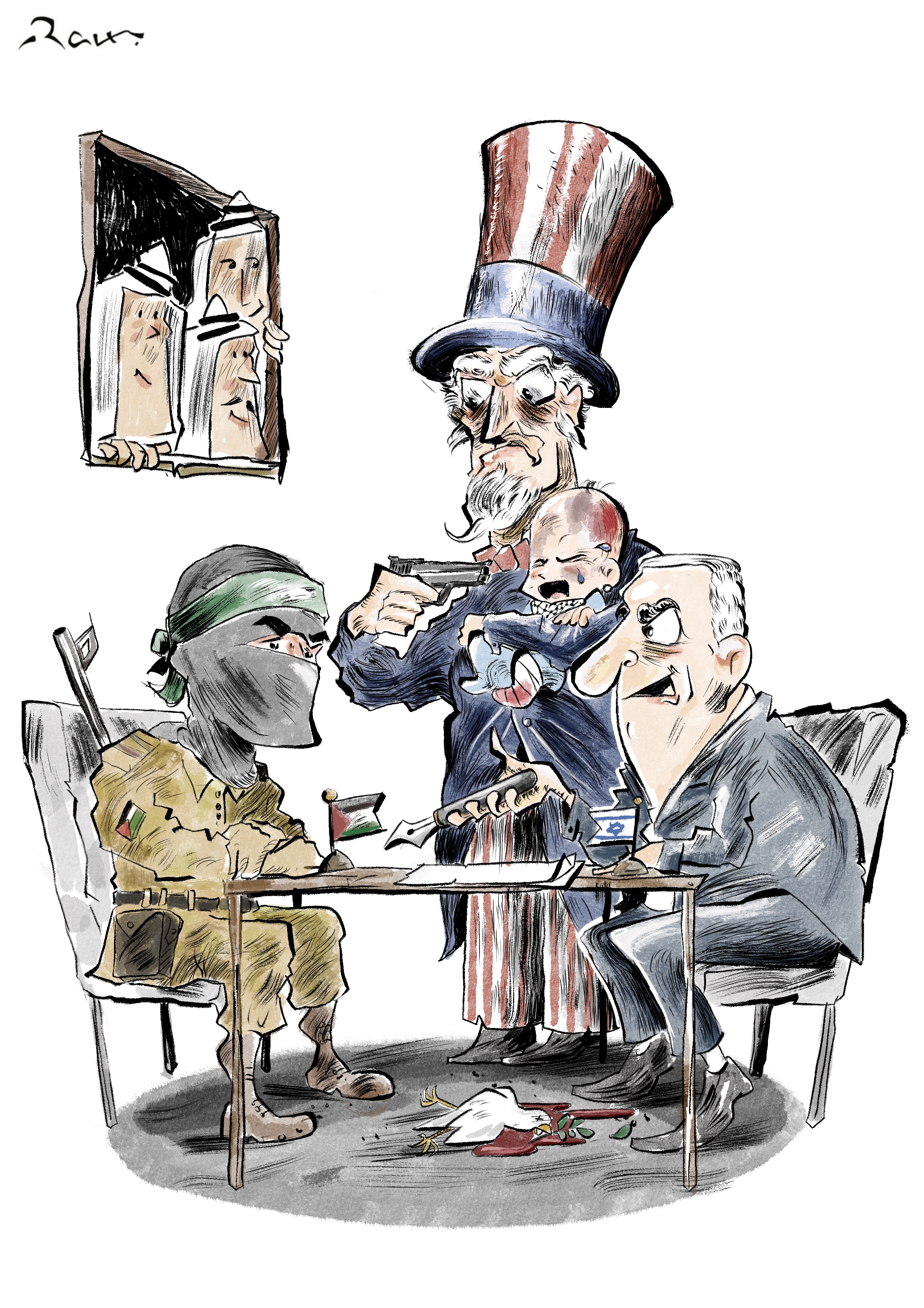 Political cartoon by Rafat Alkhatib, “Thugs proposing peace”, 3 October 2025.