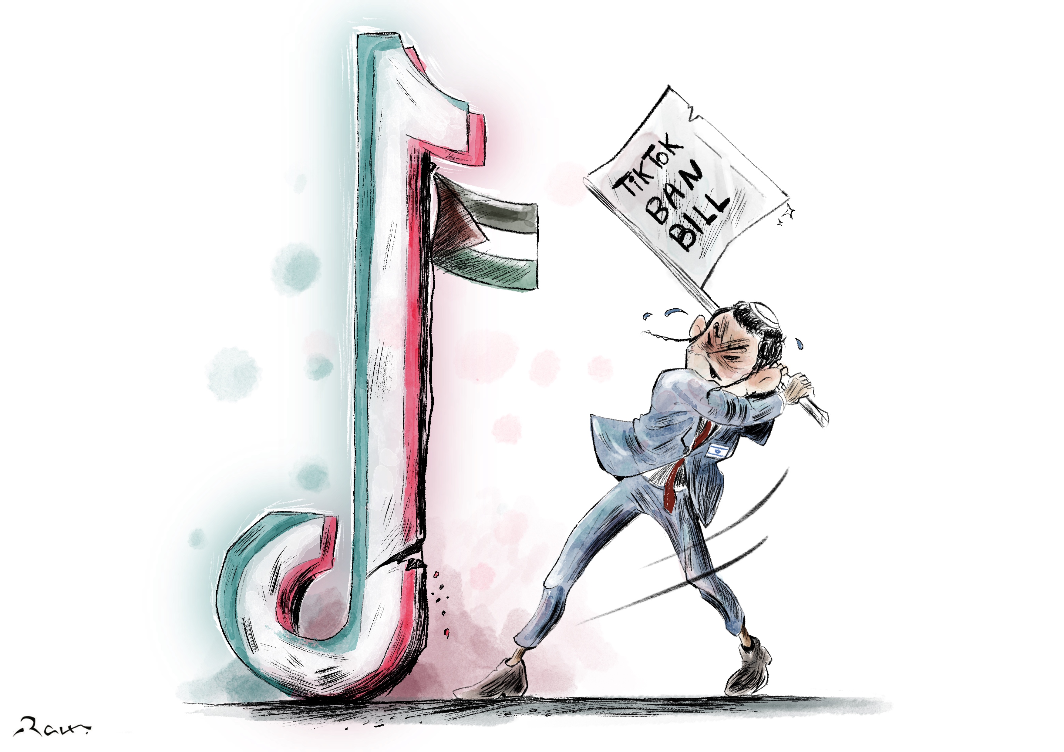 Cartoon titled ‘TikTok Ban Bill’ depicting a politician wrestling with a giant TikTok logo adorned with a Palestinian flag, while holding a ‘TikTok Ban Bill’ sign. The image subtly comments on the attempts to ban TikTok because it amplifies Palestinian voices protesting against the genocide