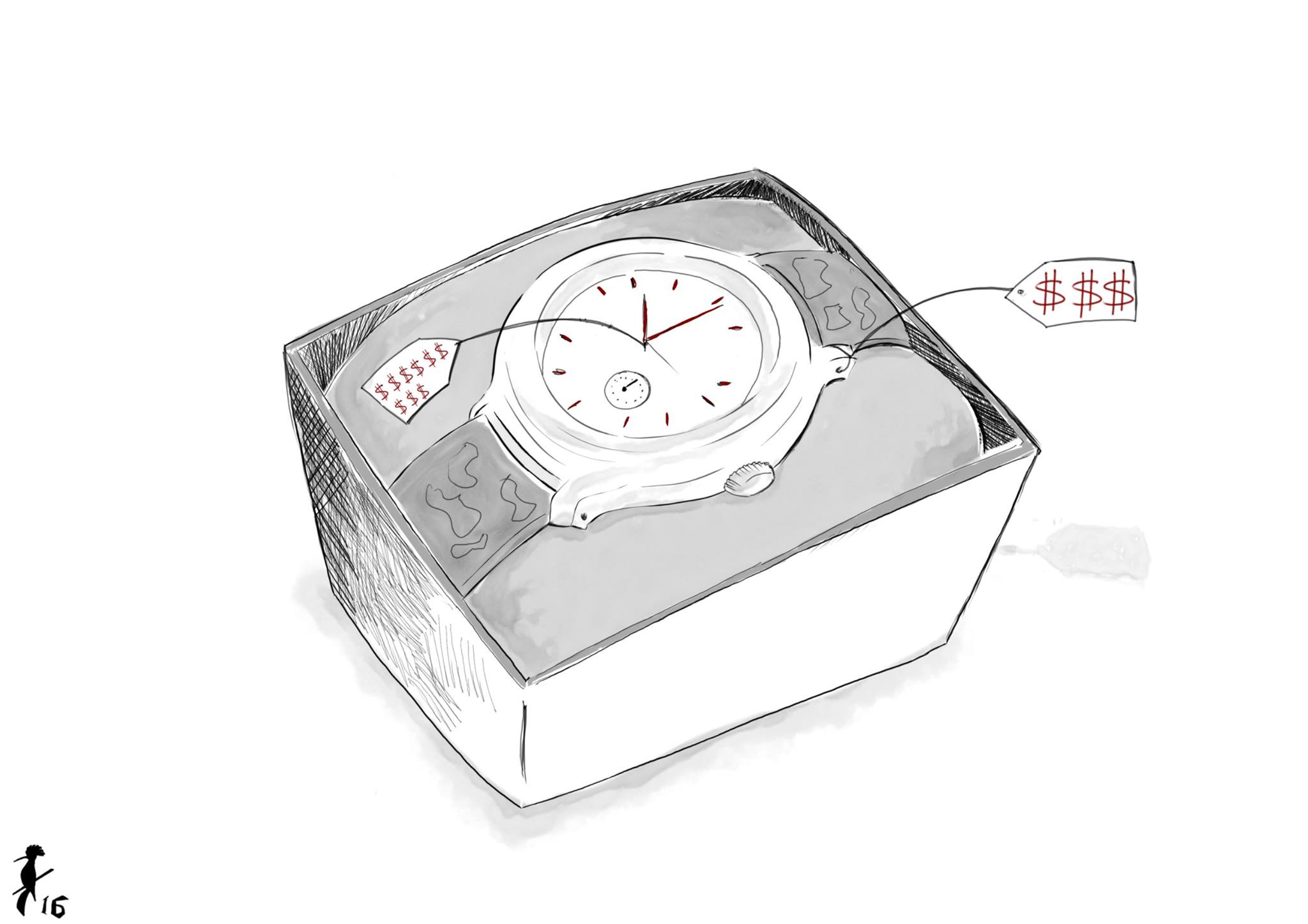 Political cartoon by Rafat Alkhatib, “Time is Money”, 1 August 2016.