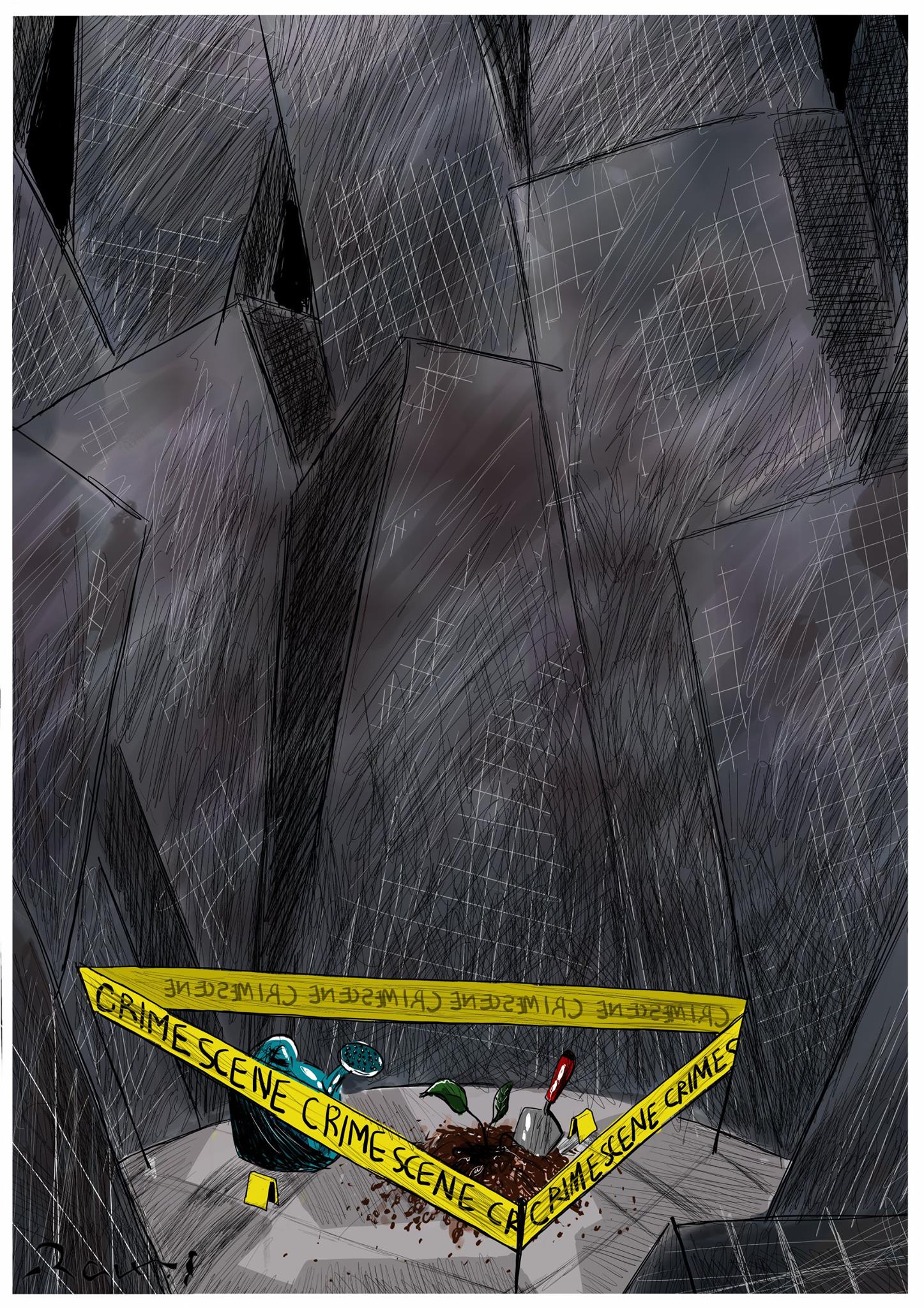 Political cartoon by Rafat Alkhatib, “Trees against the ugly city”, 24 October 2017.