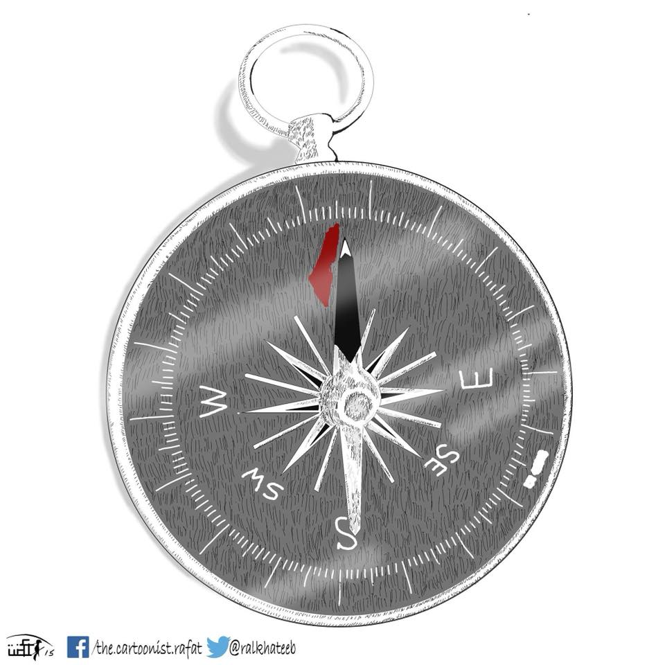 Political cartoon by Rafat Alkhatib, “True compass”, 2 June 2014.