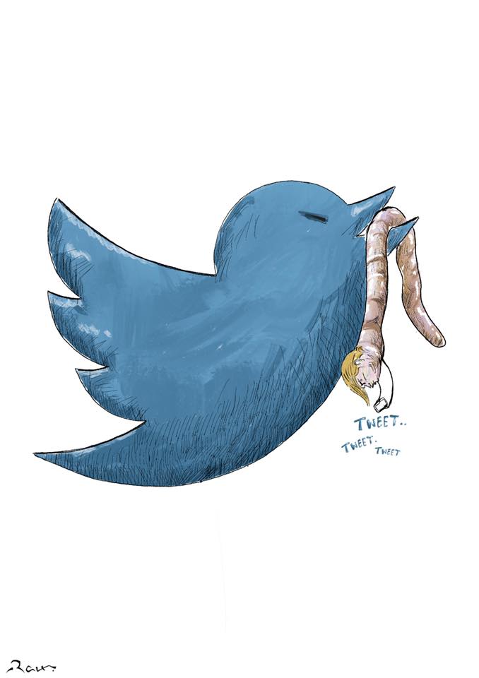 Political cartoon by Rafat Alkhatib, “Twitter Suspends Trump”, 29 May 2020.