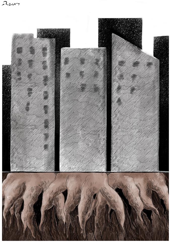 Political cartoon by Rafat Alkhatib, “Ugly city”, 7 January 2020.