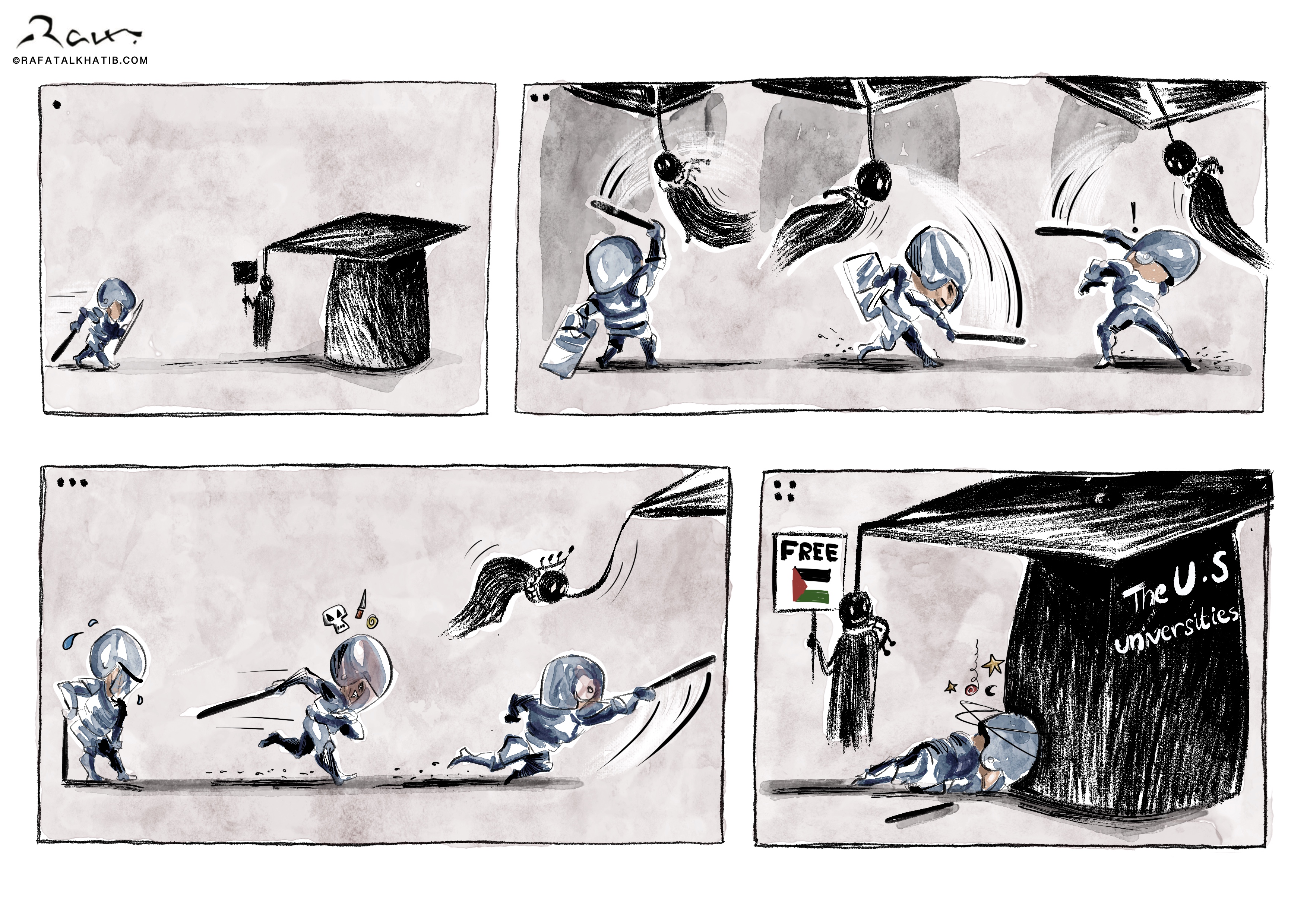 Comic strip titled ‘Undefeated’ depicting students protesting for Palestine under a large graduation cap symbolizing U.S. universities. Despite the police’s attempts to suppress the protest, the final panel shows their efforts are in vain, subtly highlighting the power of student activism and academic freedom.
